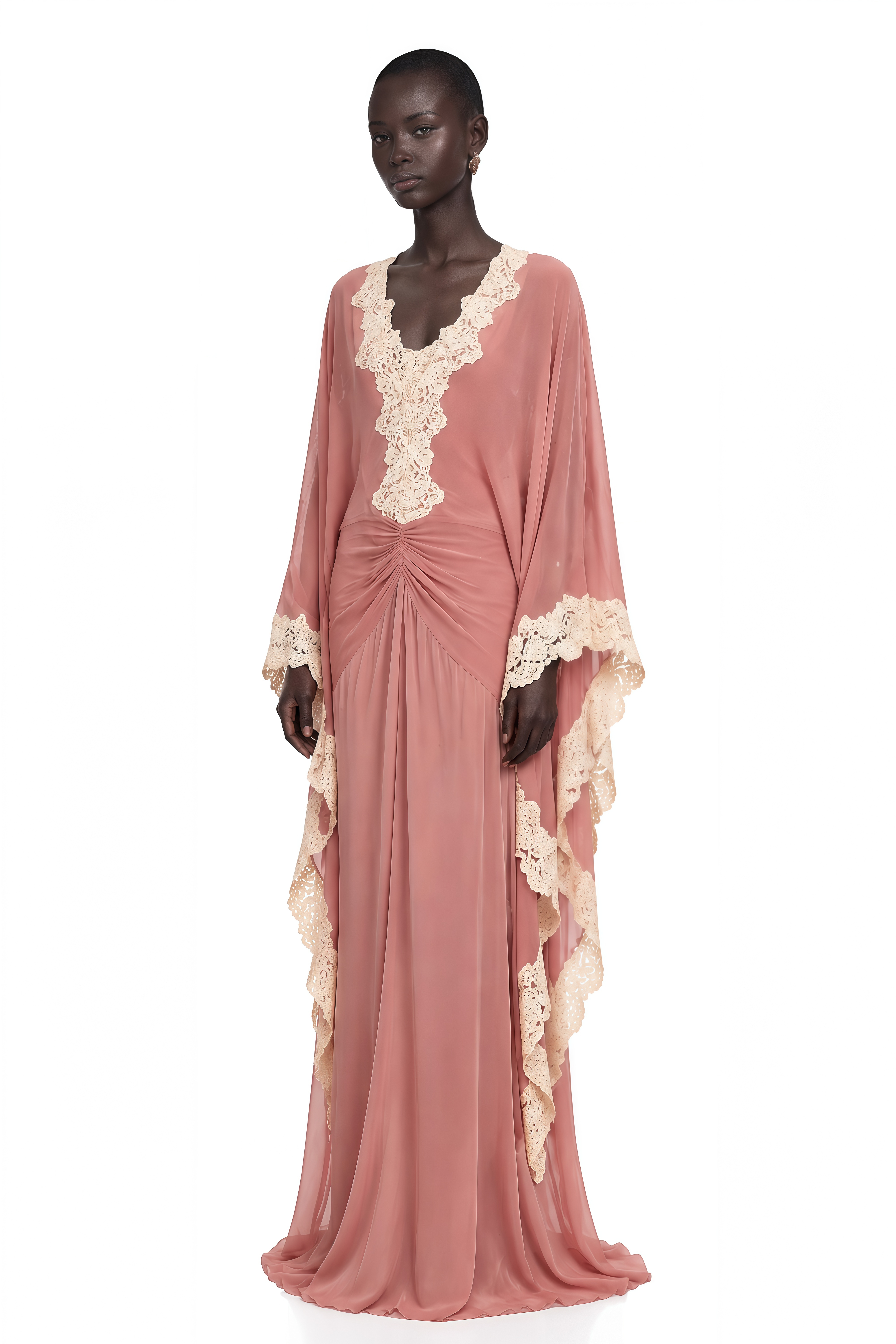 Kaiah Dusty Rose Lace Trim Ruched Maxi Dress