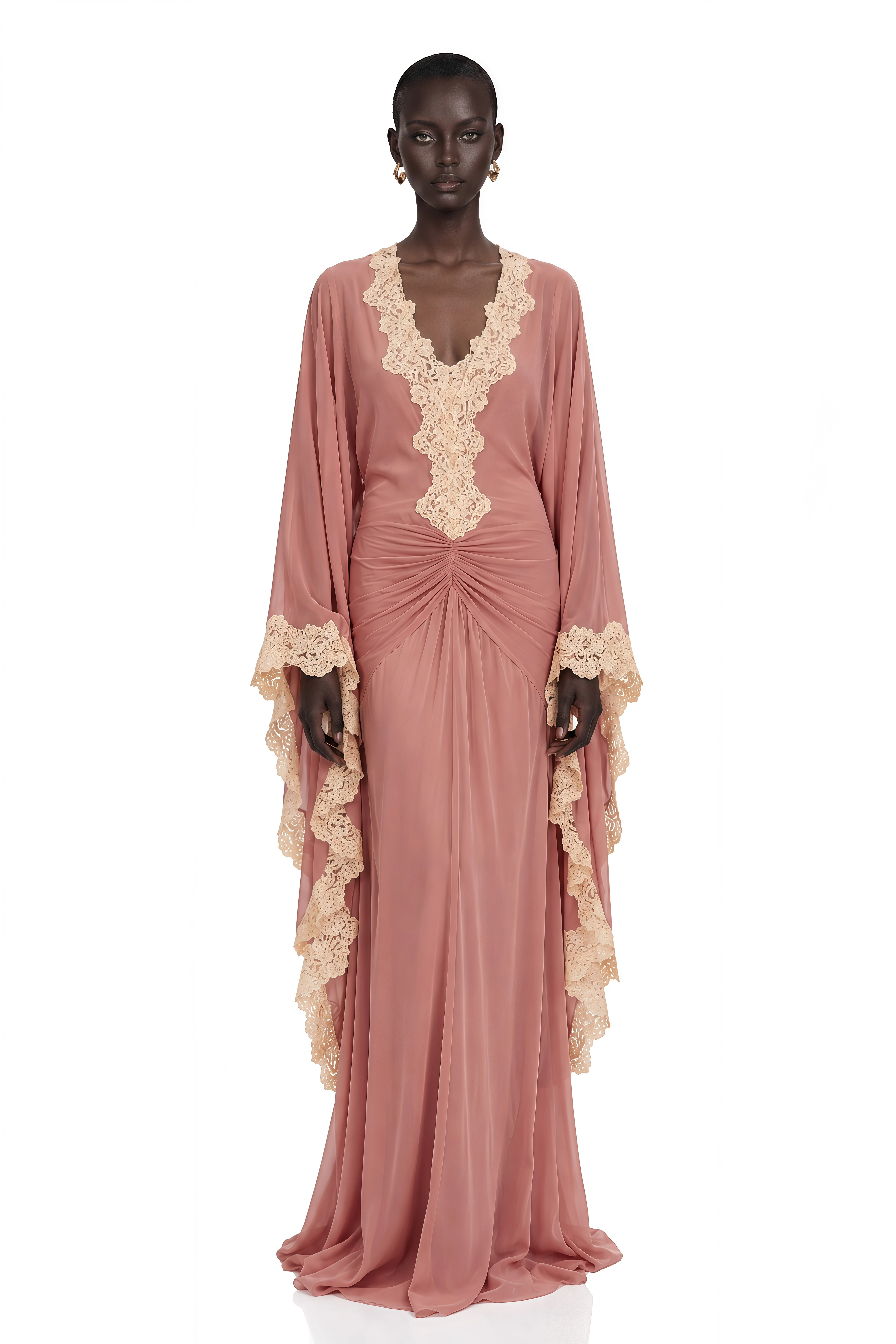 Kaiah Dusty Rose Lace Trim Ruched Maxi Dress