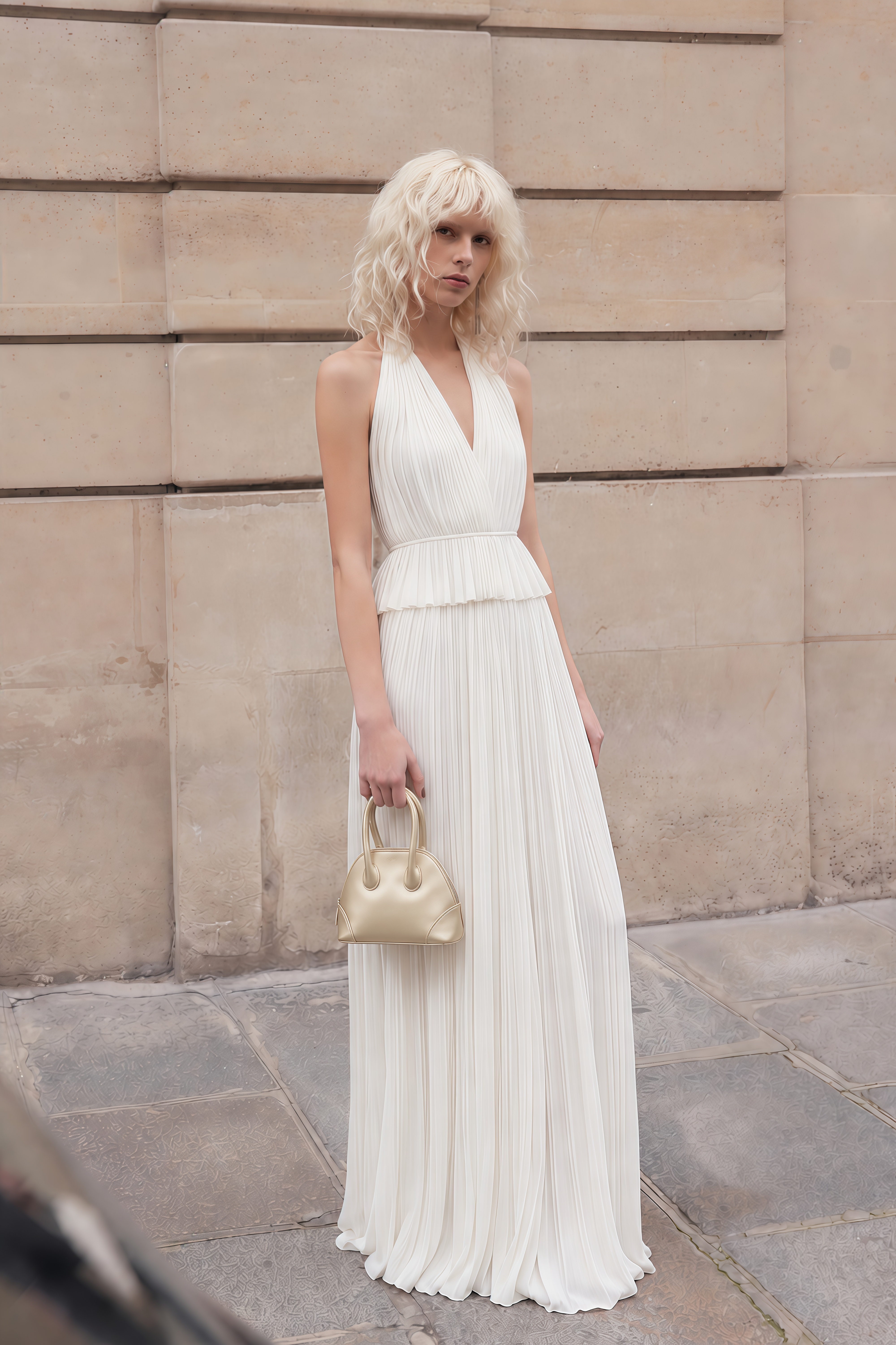 Kailany White Pleated Halterneck Top & Skirt Set