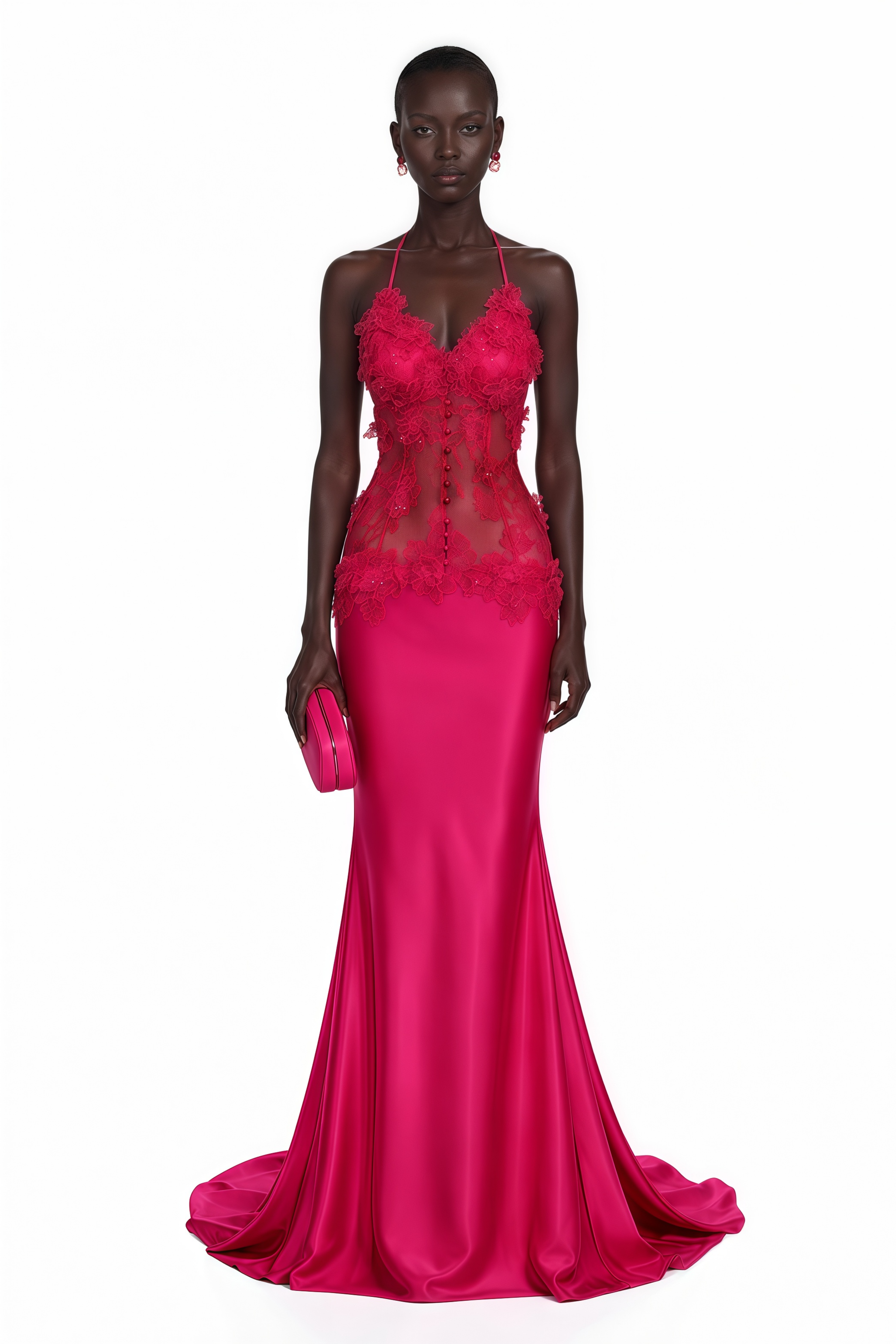 Kallie Fuchsia Lace Halterneck Maxi Dress