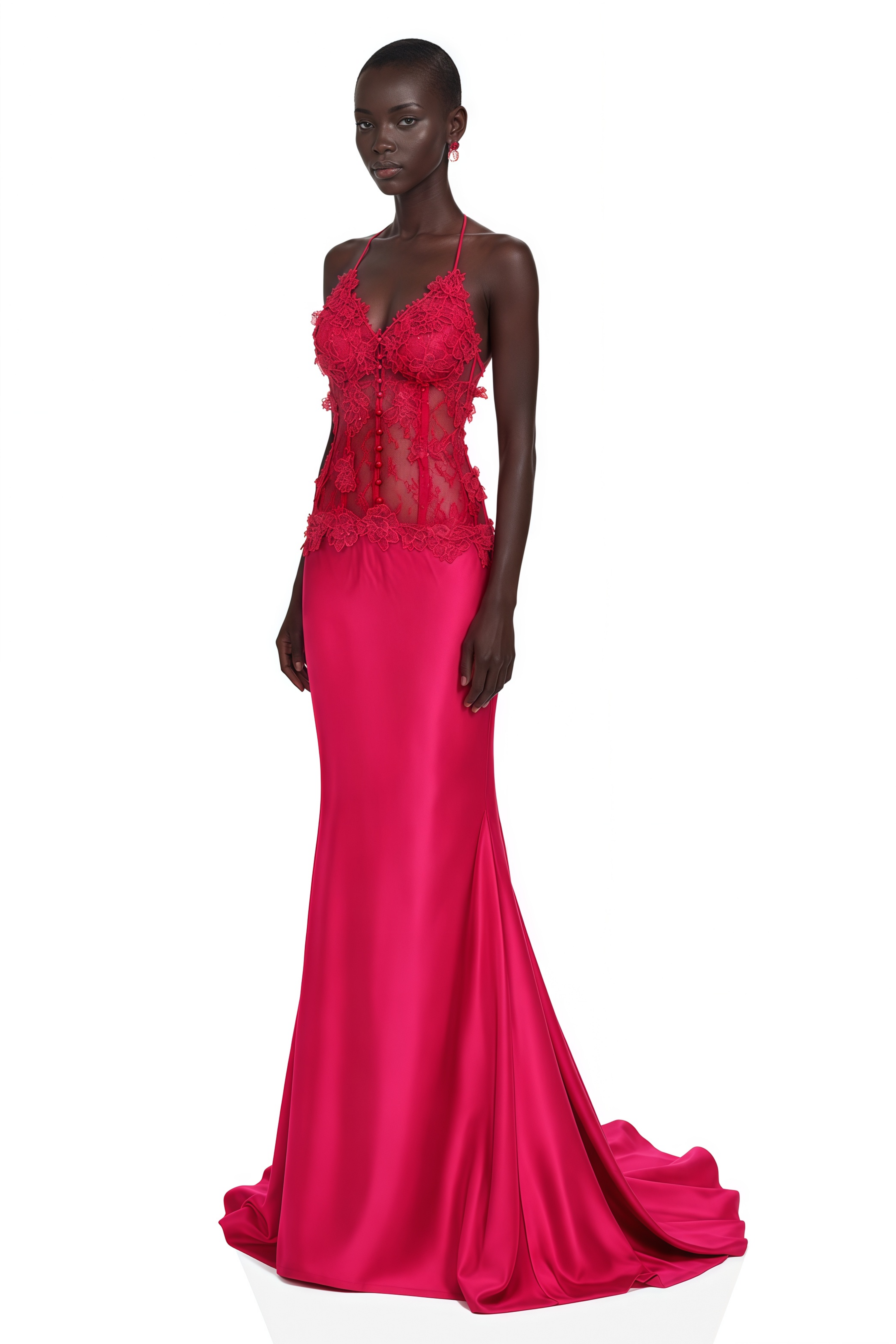 Kallie Fuchsia Lace Halterneck Maxi Dress