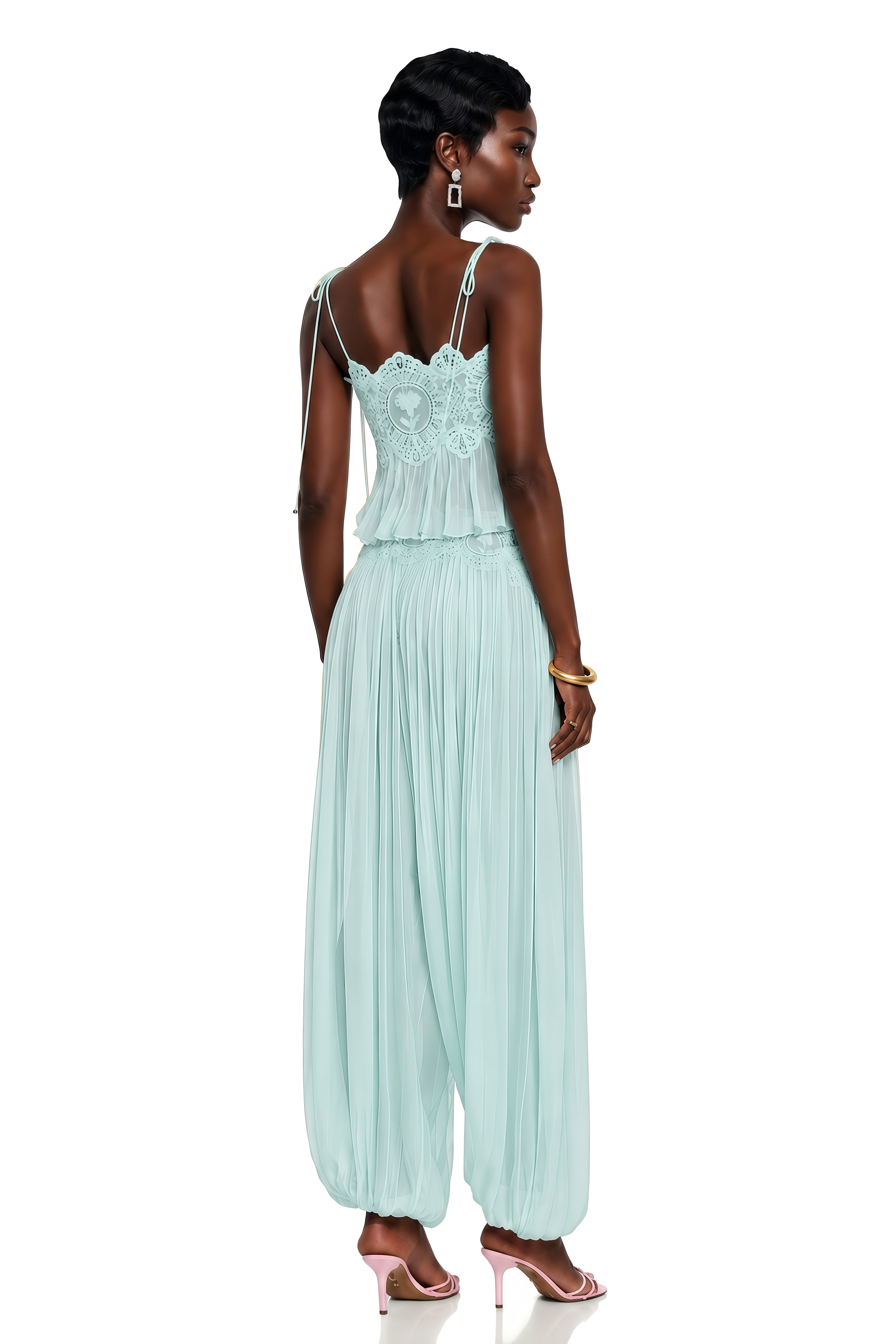 Kamila Mint Green Lace Trim Ruched Top & Trouser Set