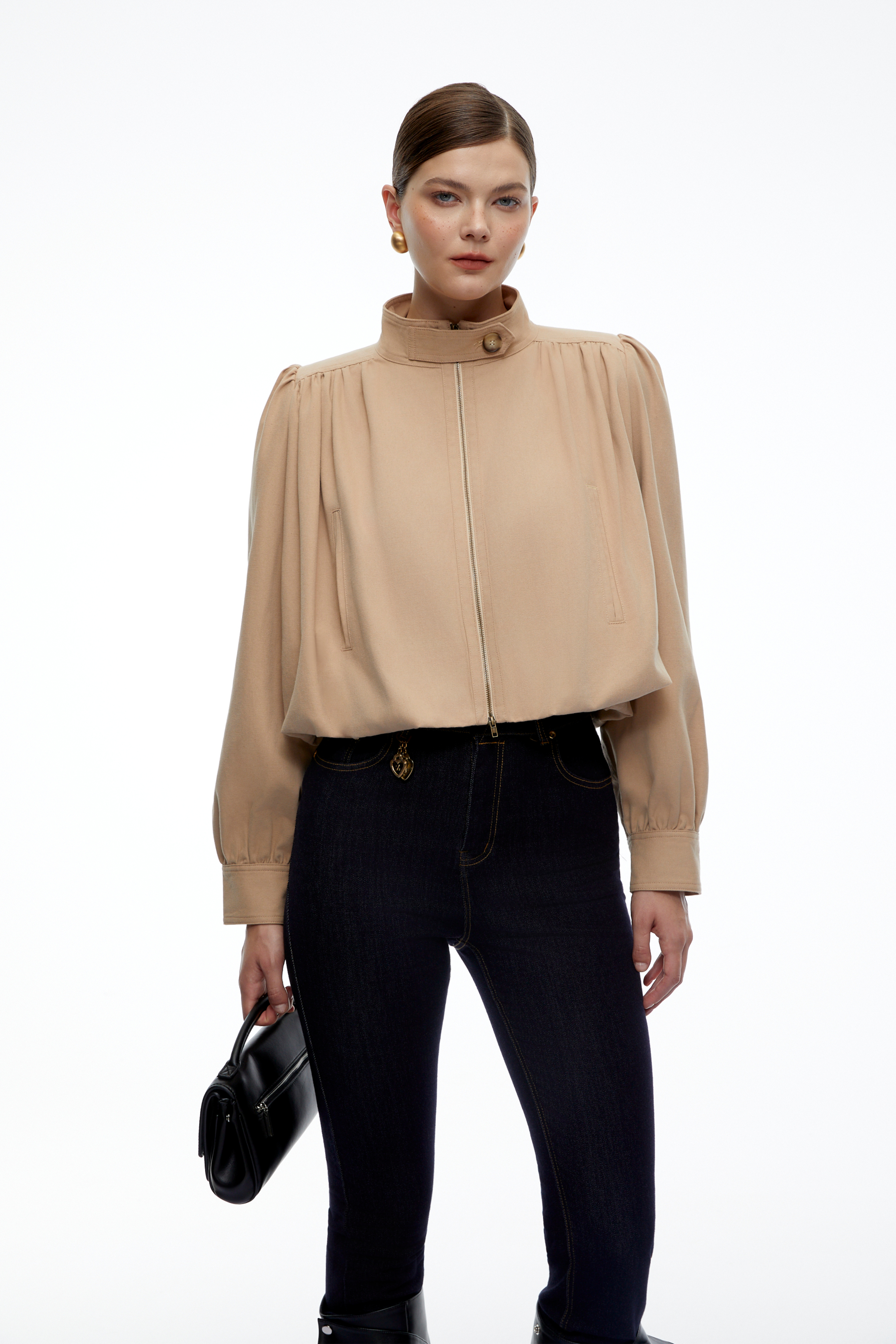 Kamila Beige High Neck Long Sleeve Blouse