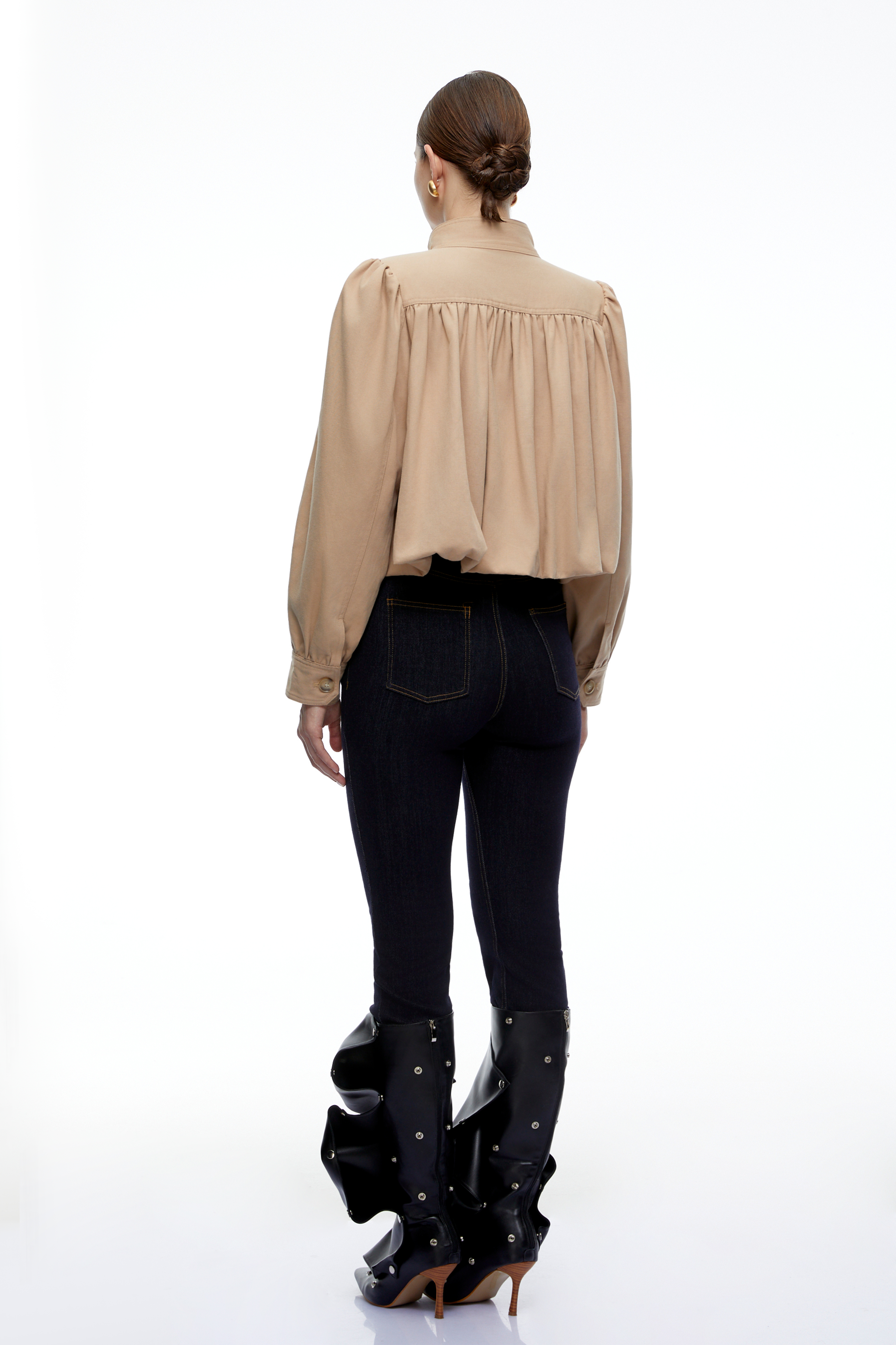 Kamila Beige High Neck Long Sleeve Blouse
