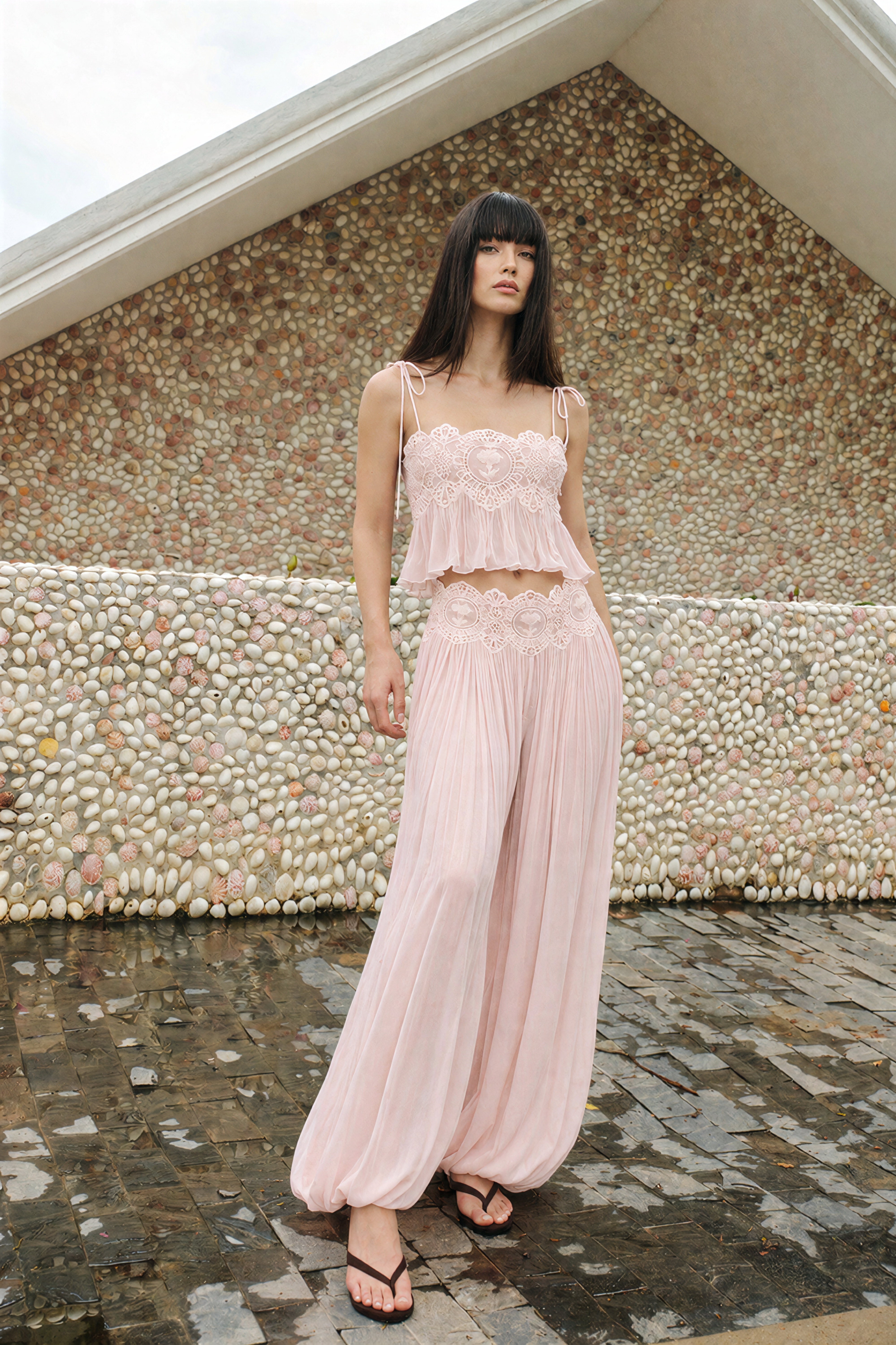 Kamila Pink Lace Trim Ruched Top & Trouser Set