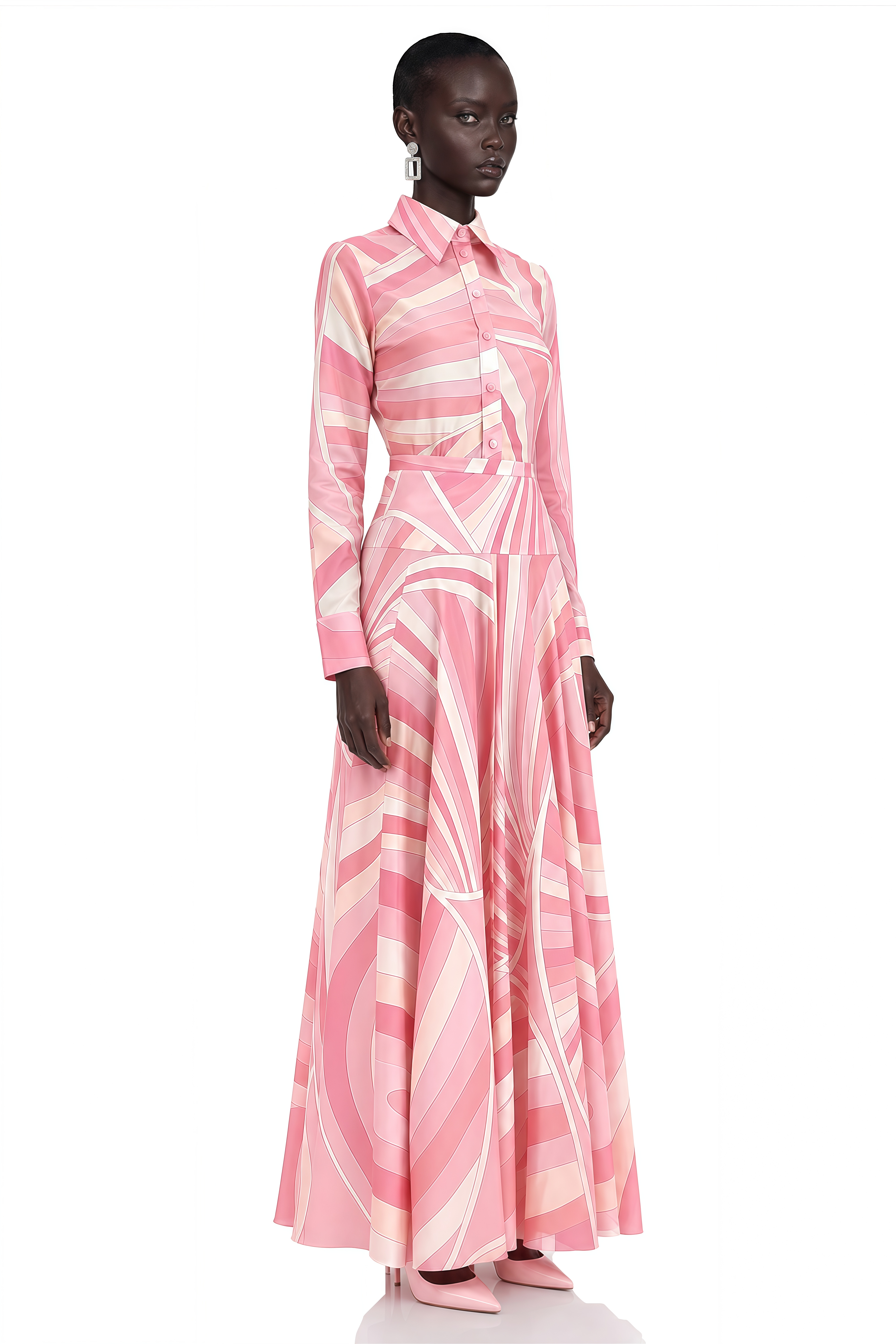 Kamiyah Pink Abstract Print Shirt Top & Asymmetrical Maxi Skirt Set