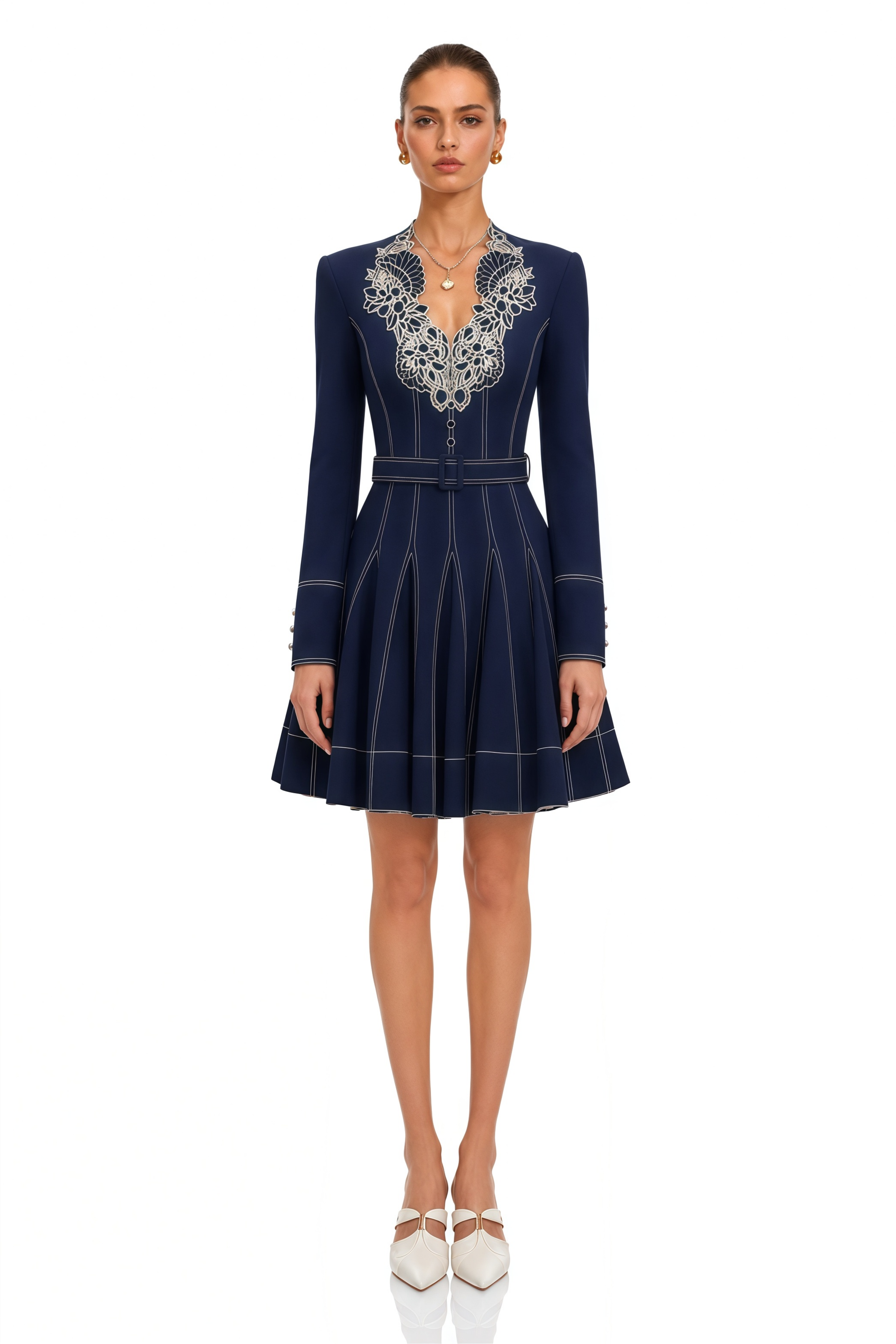 Katarina Navy Blue Flared Mini Dress with Floral Collar