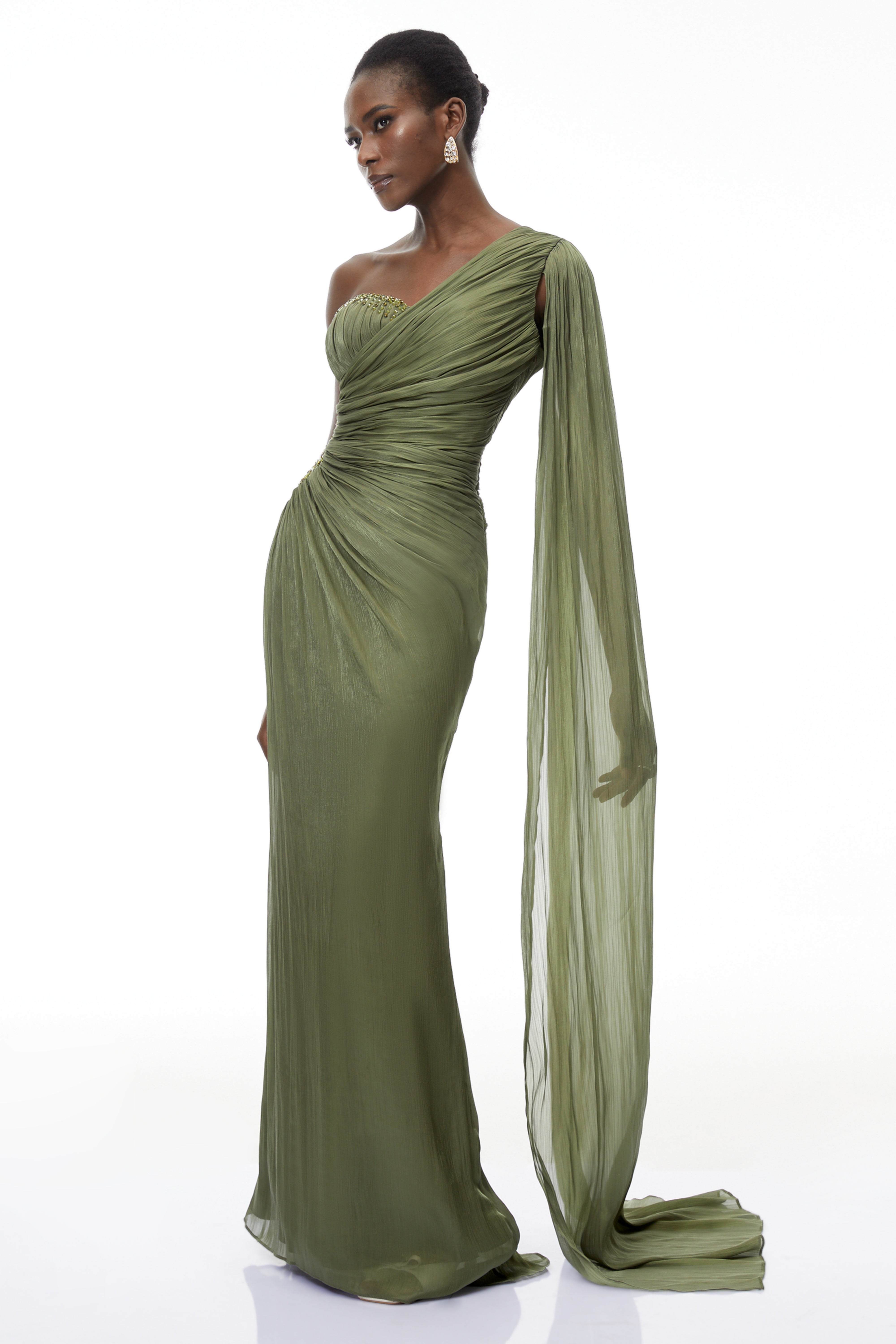 one shoulder long sleeve green dress Katrin Ruched Maxi – Miss Rosier olive green dress