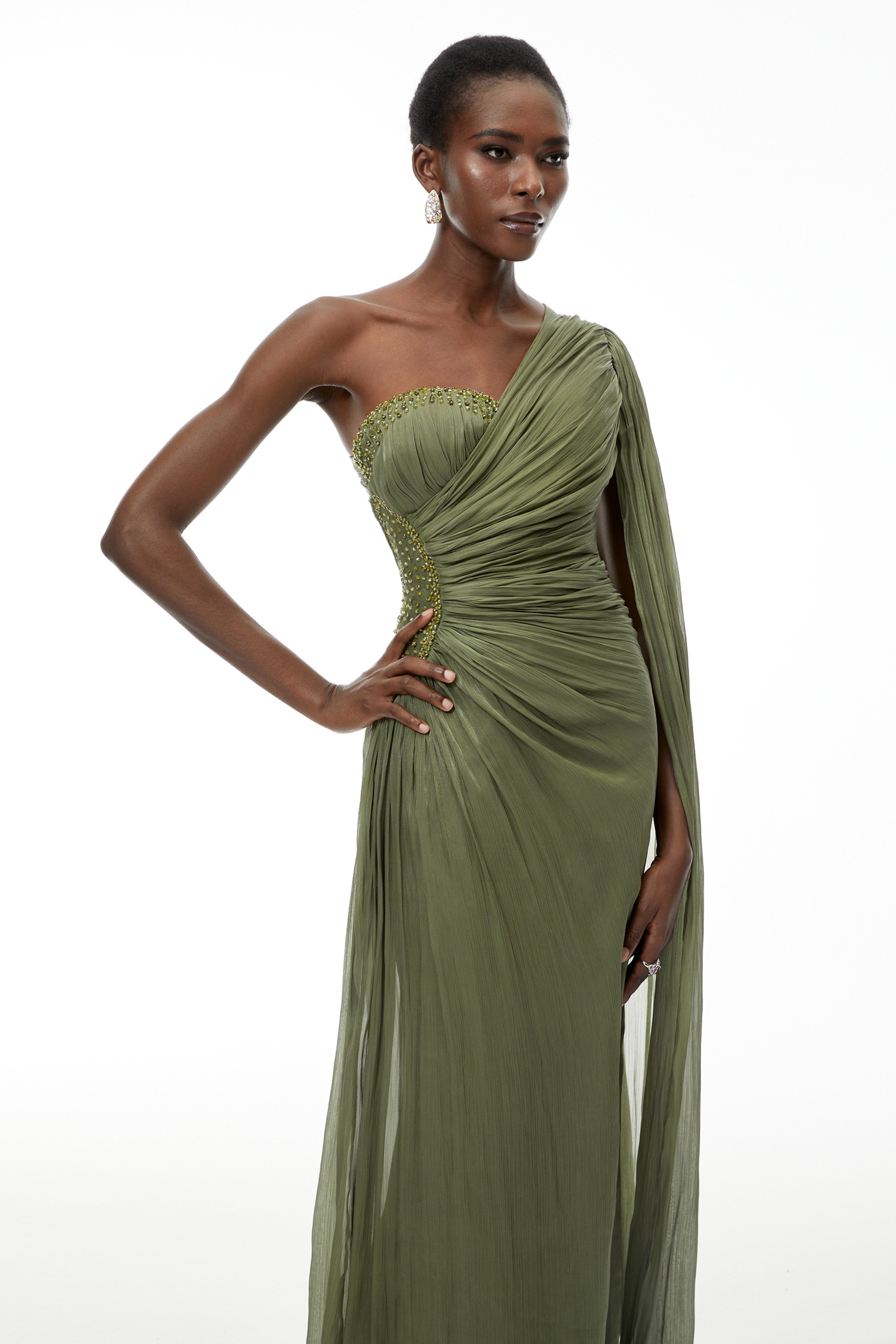 faye ruched one shoulder dress in green Katrin Maxi Vovobebe