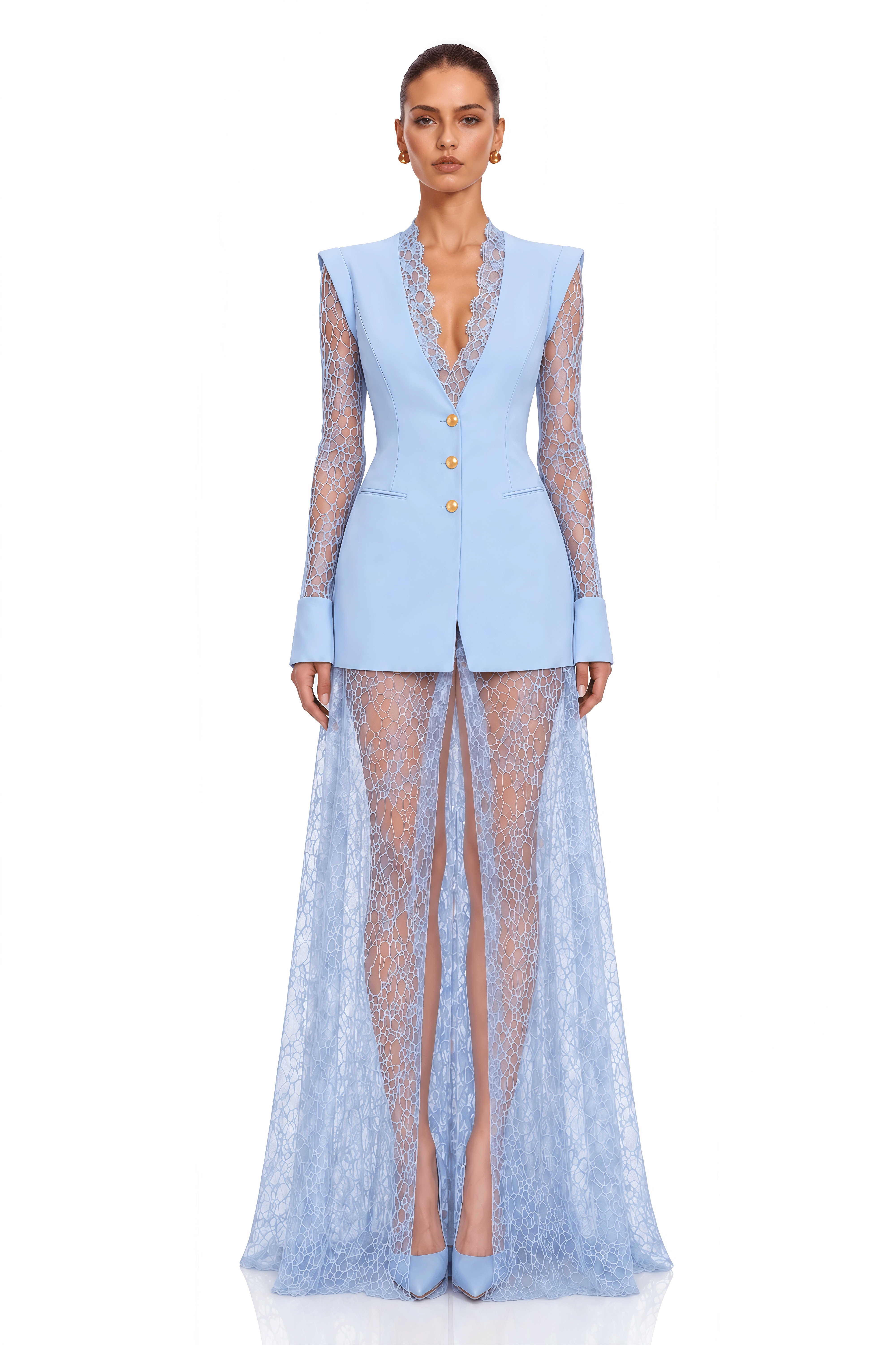 Kavya Blue Semi-Sheer Lace Panel Maxi Dress