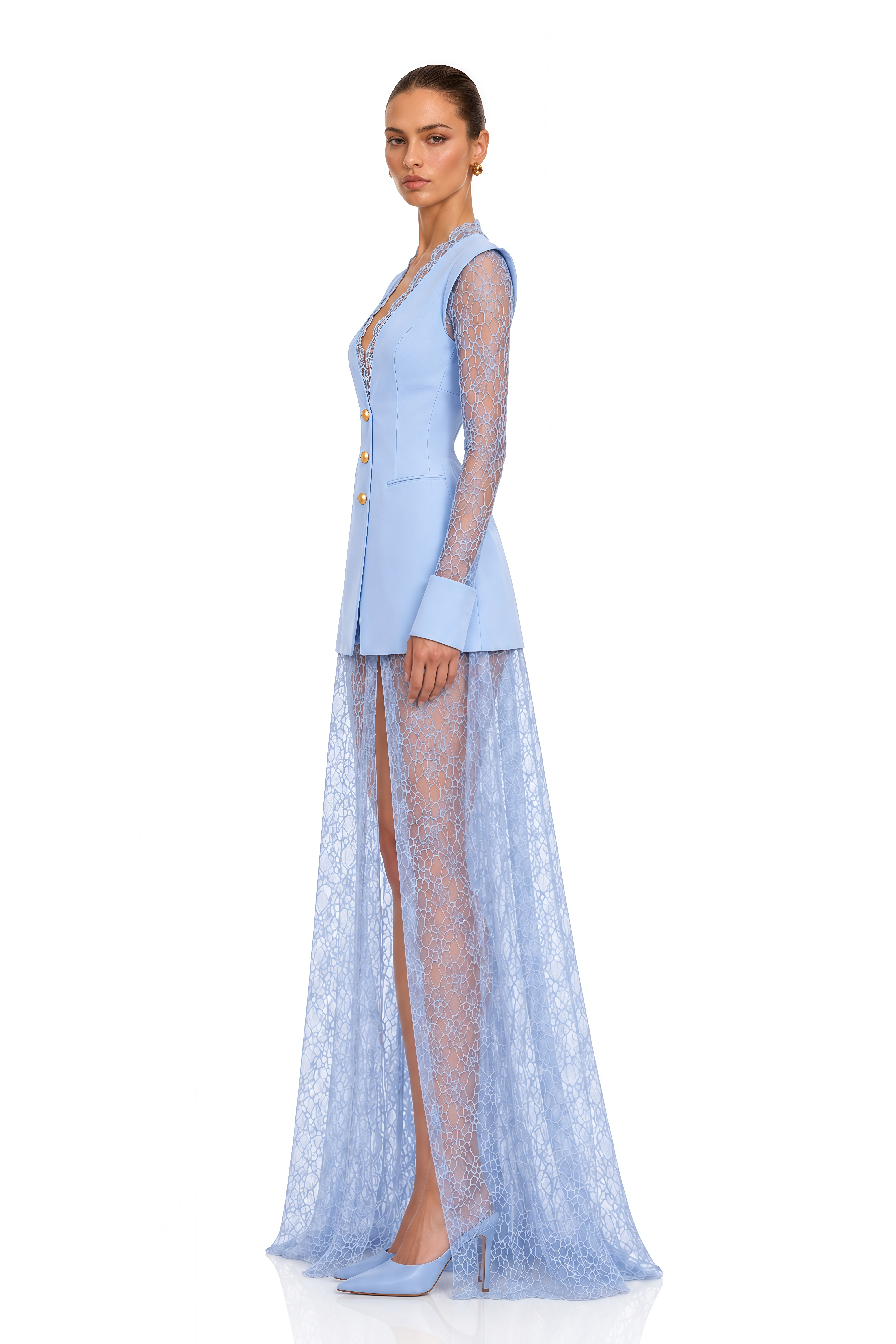 Kavya Blue Semi-Sheer Lace Panel Maxi Dress