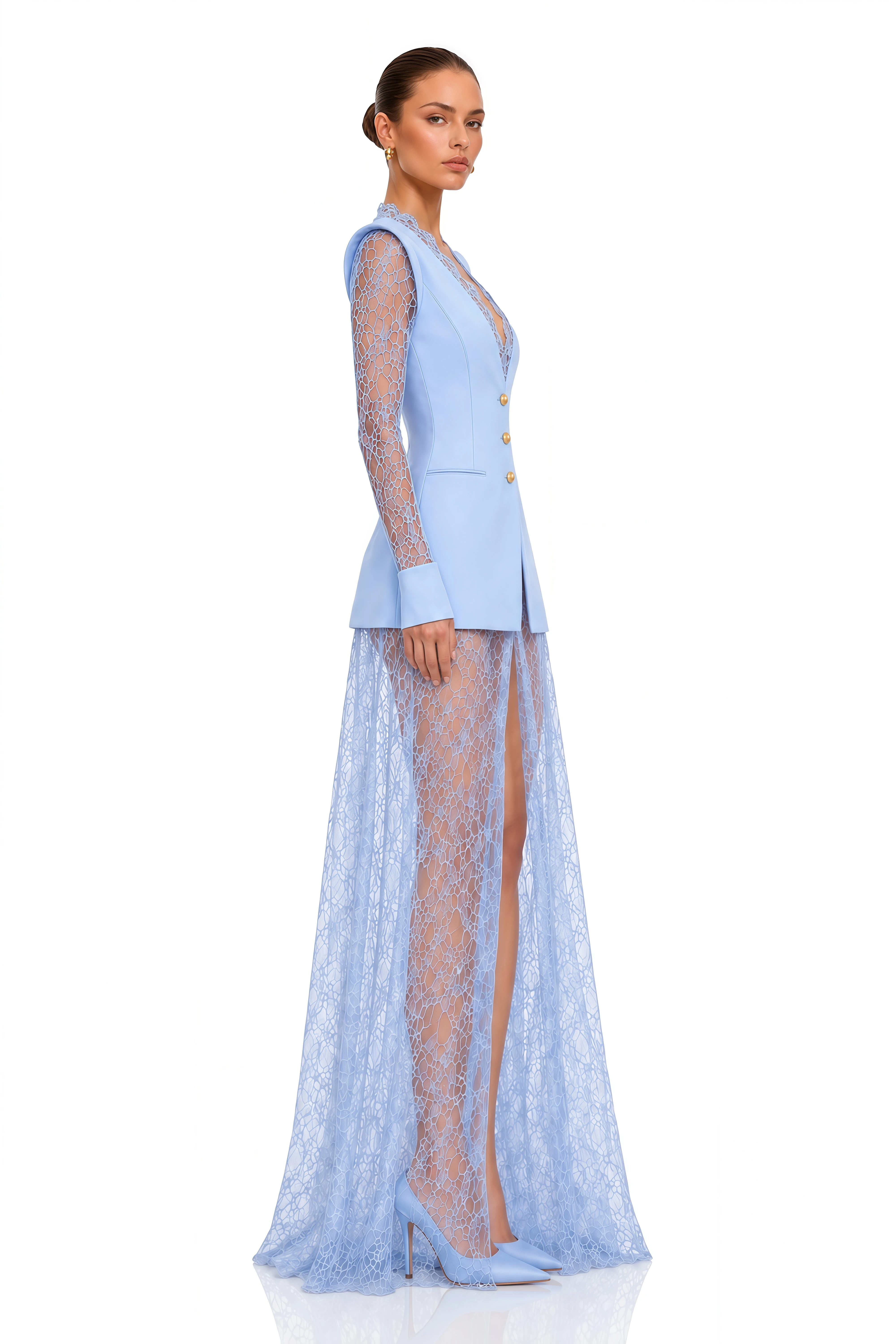 Kavya Blue Semi-Sheer Lace Panel Maxi Dress