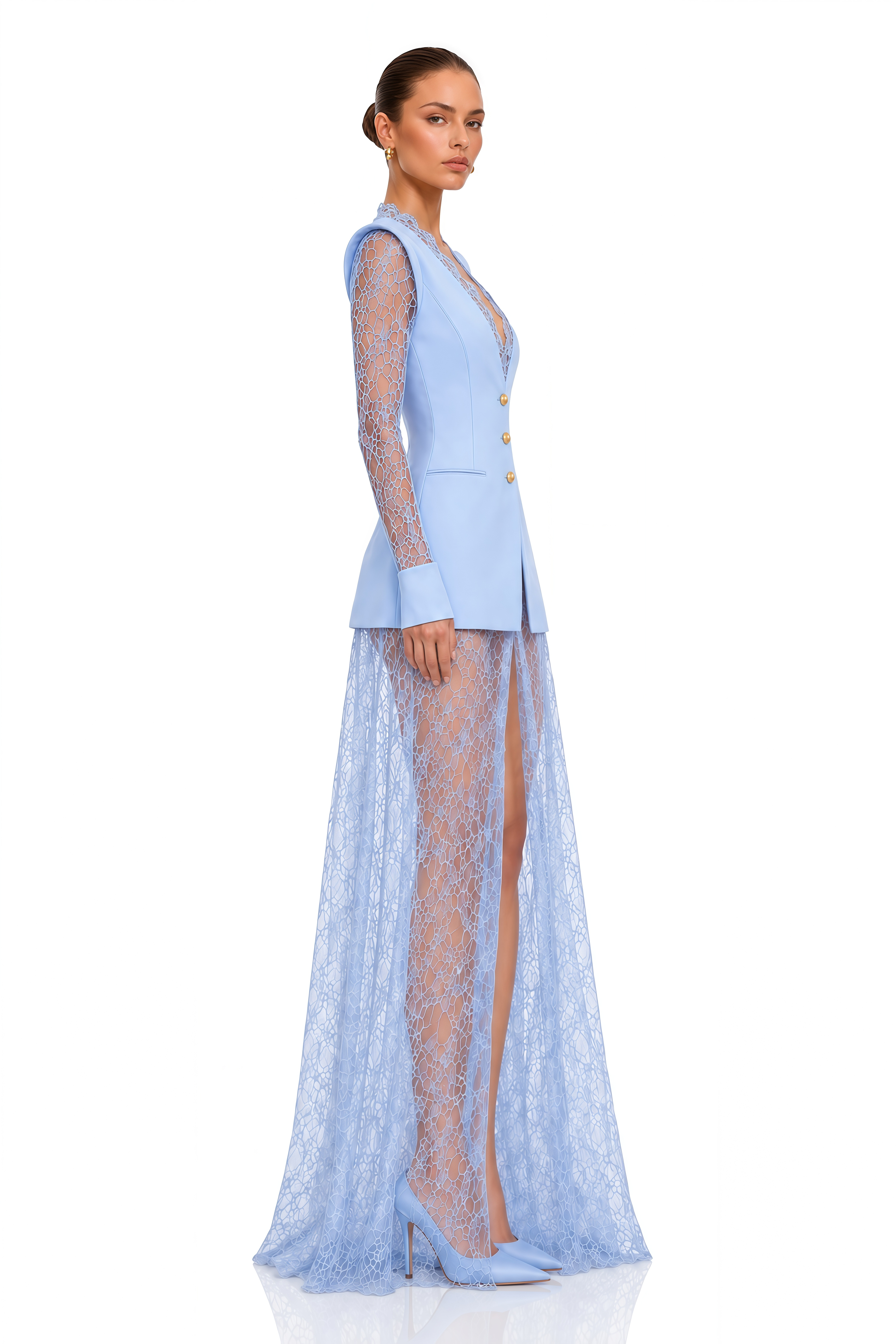 Kavya Blue Semi-Sheer Lace Panel Maxi Dress