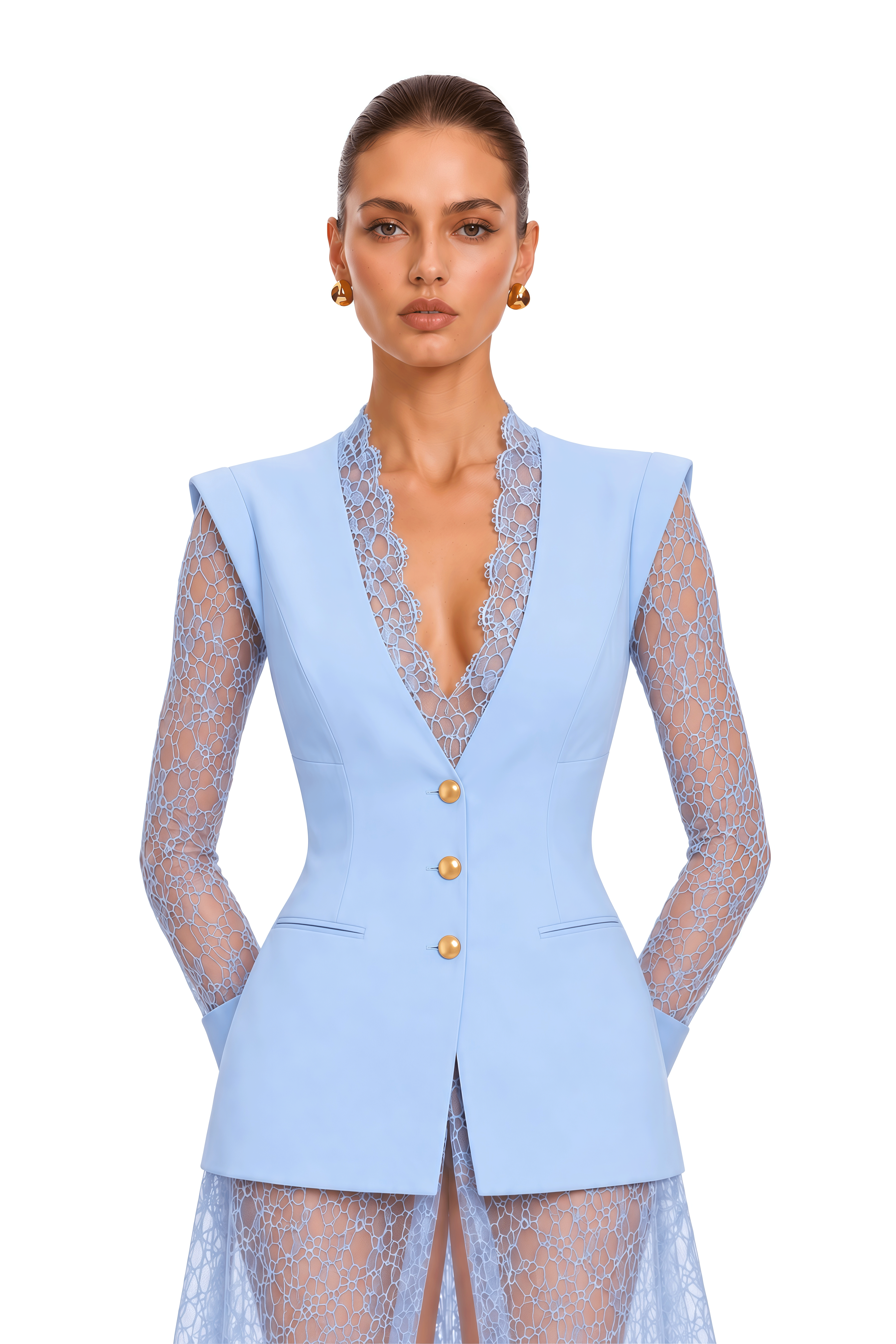 Kavya Blue Semi-Sheer Lace Panel Maxi Dress