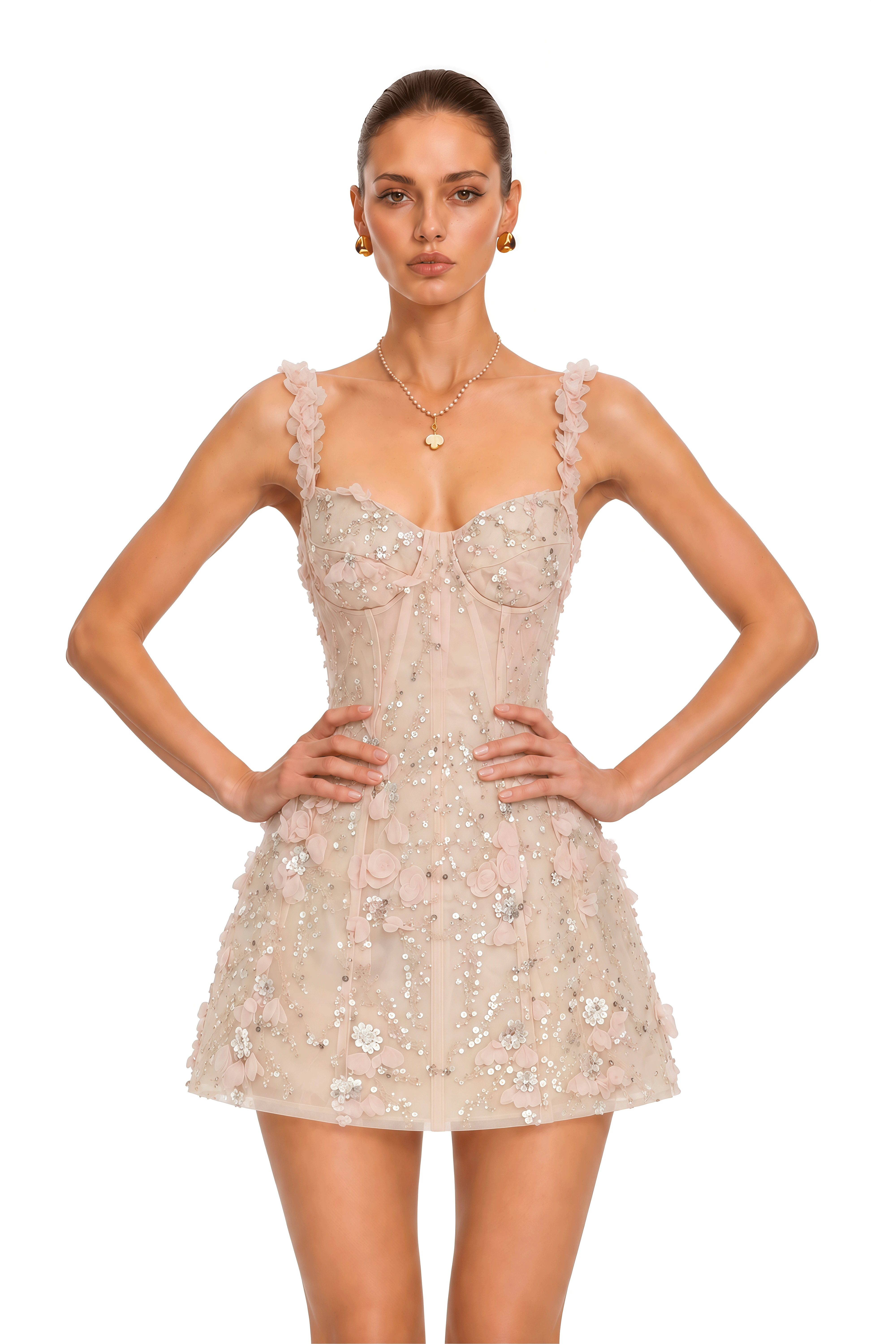 Keira Pink Embellished Floral Appliqué Mini Dress
