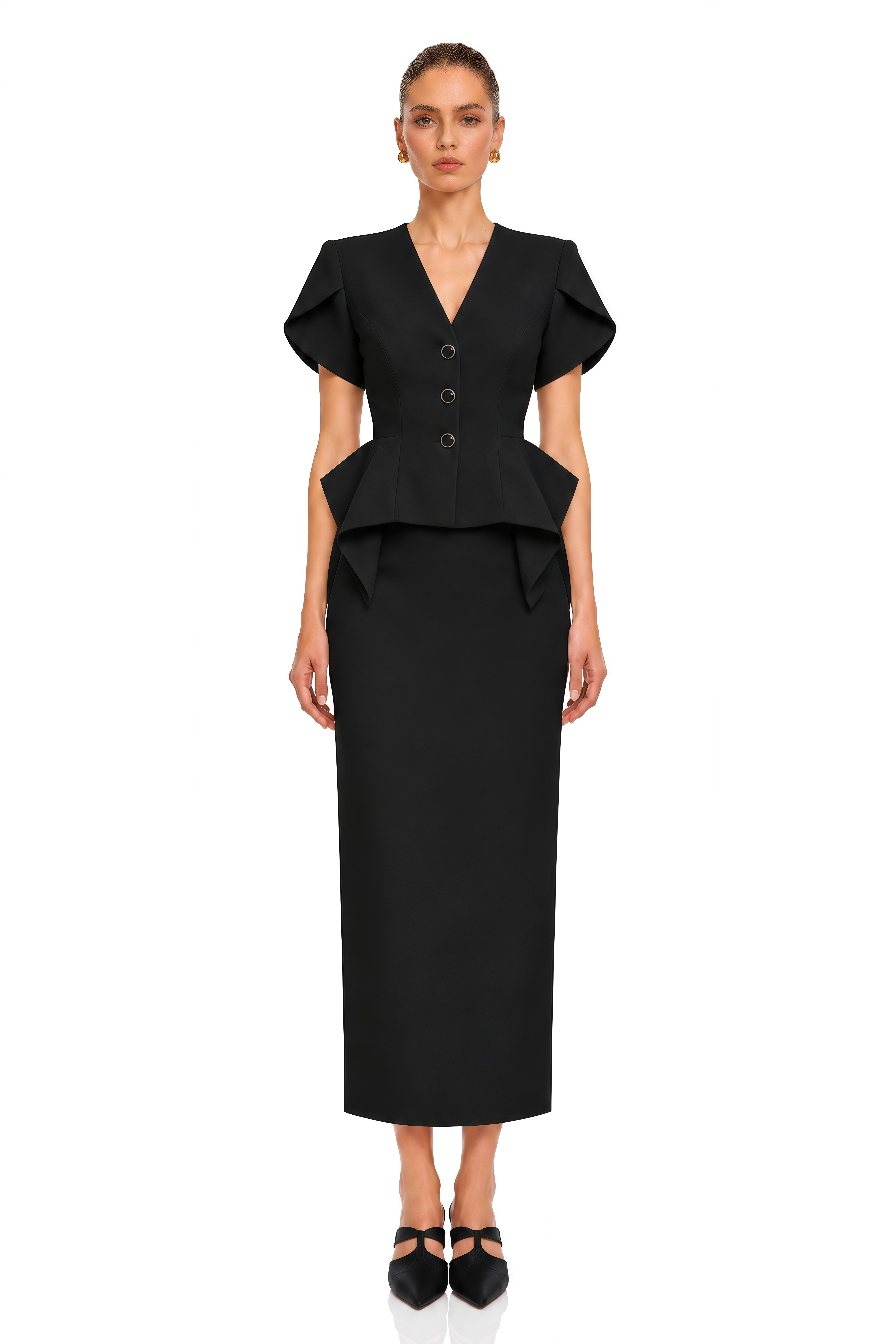 Kelsie Black Sculpted Peplum Jacket & Pencil Midi Skirt Set
