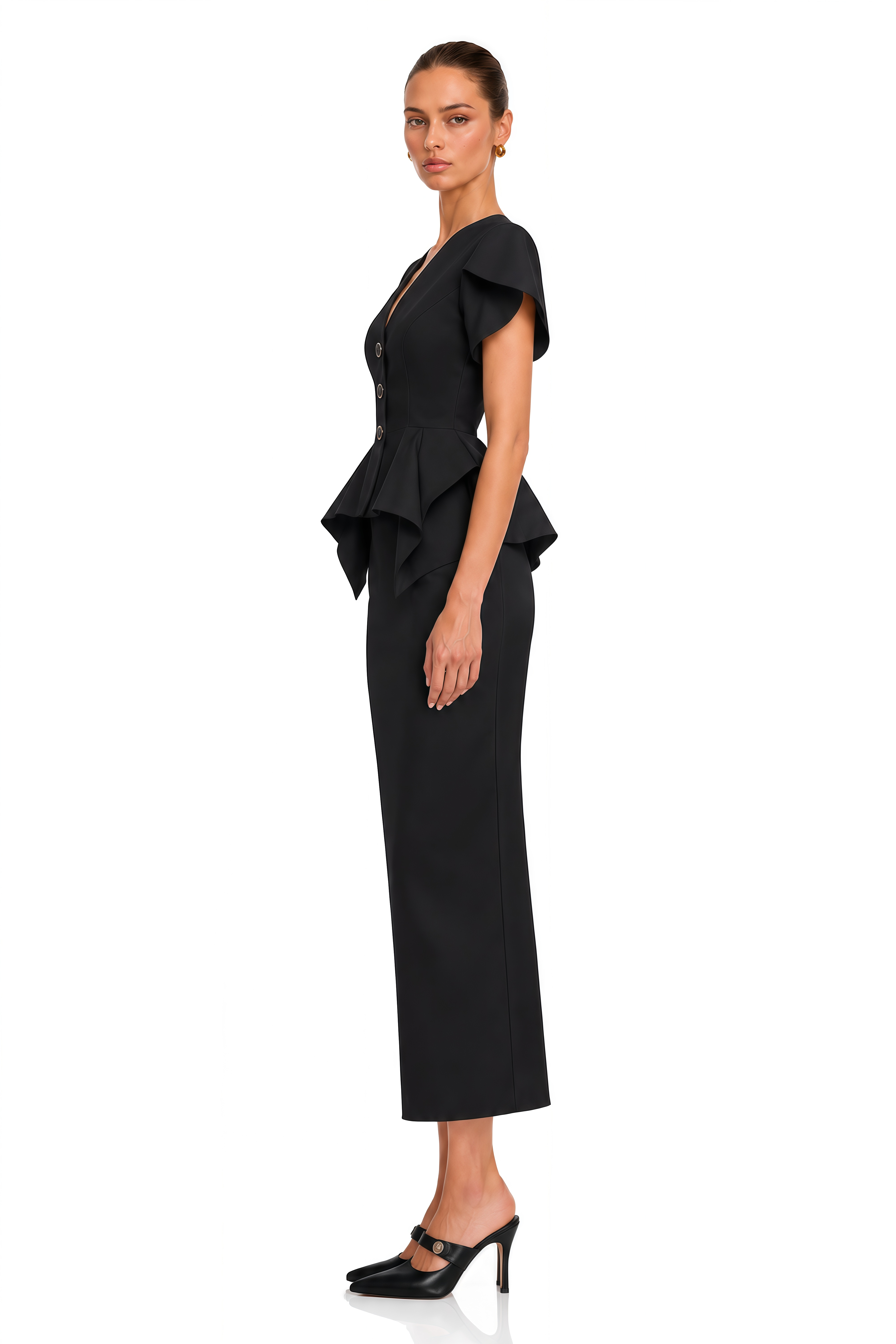 Kelsie Black Sculpted Peplum Jacket & Pencil Midi Skirt Set