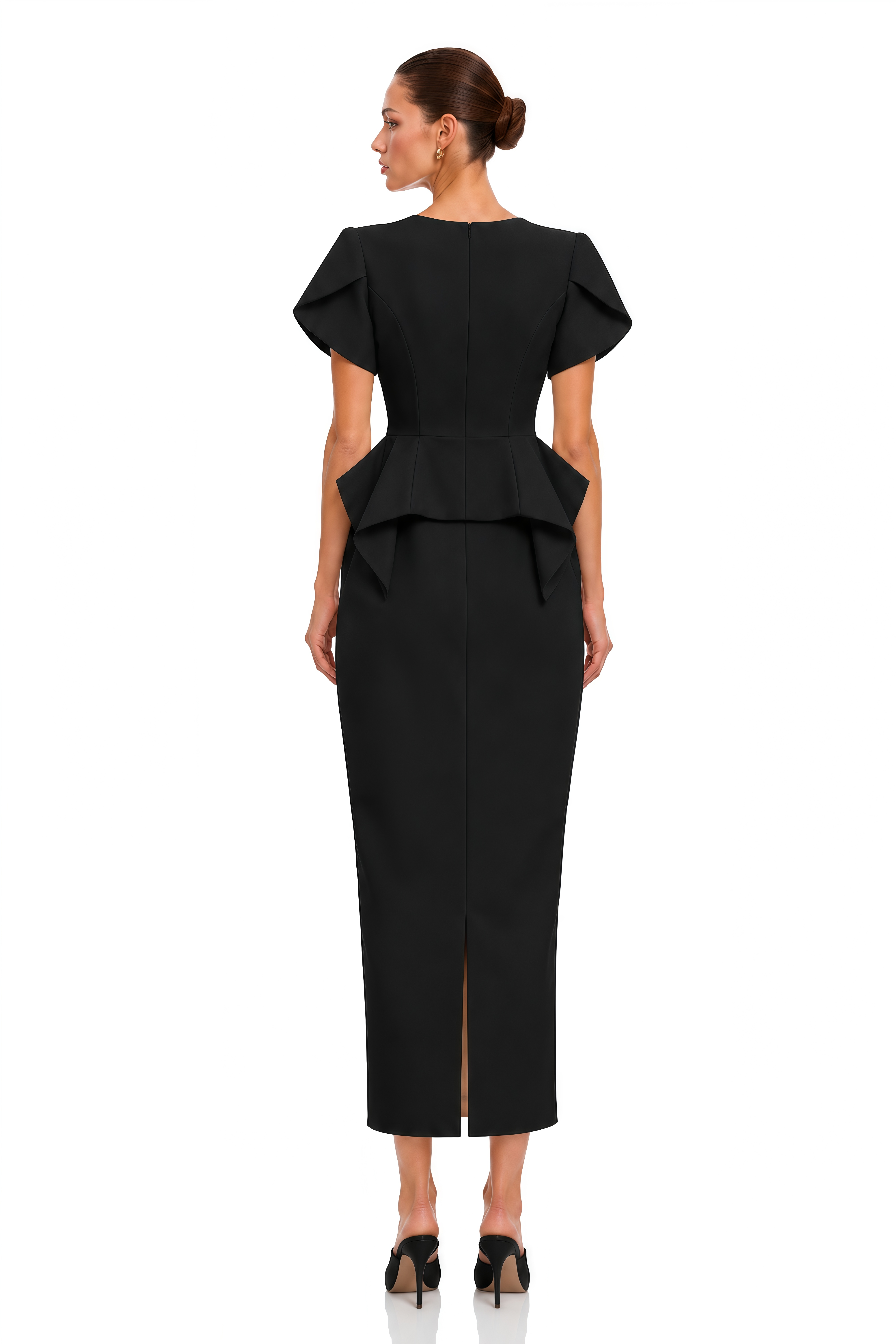 Kelsie Black Sculpted Peplum Jacket & Pencil Midi Skirt Set