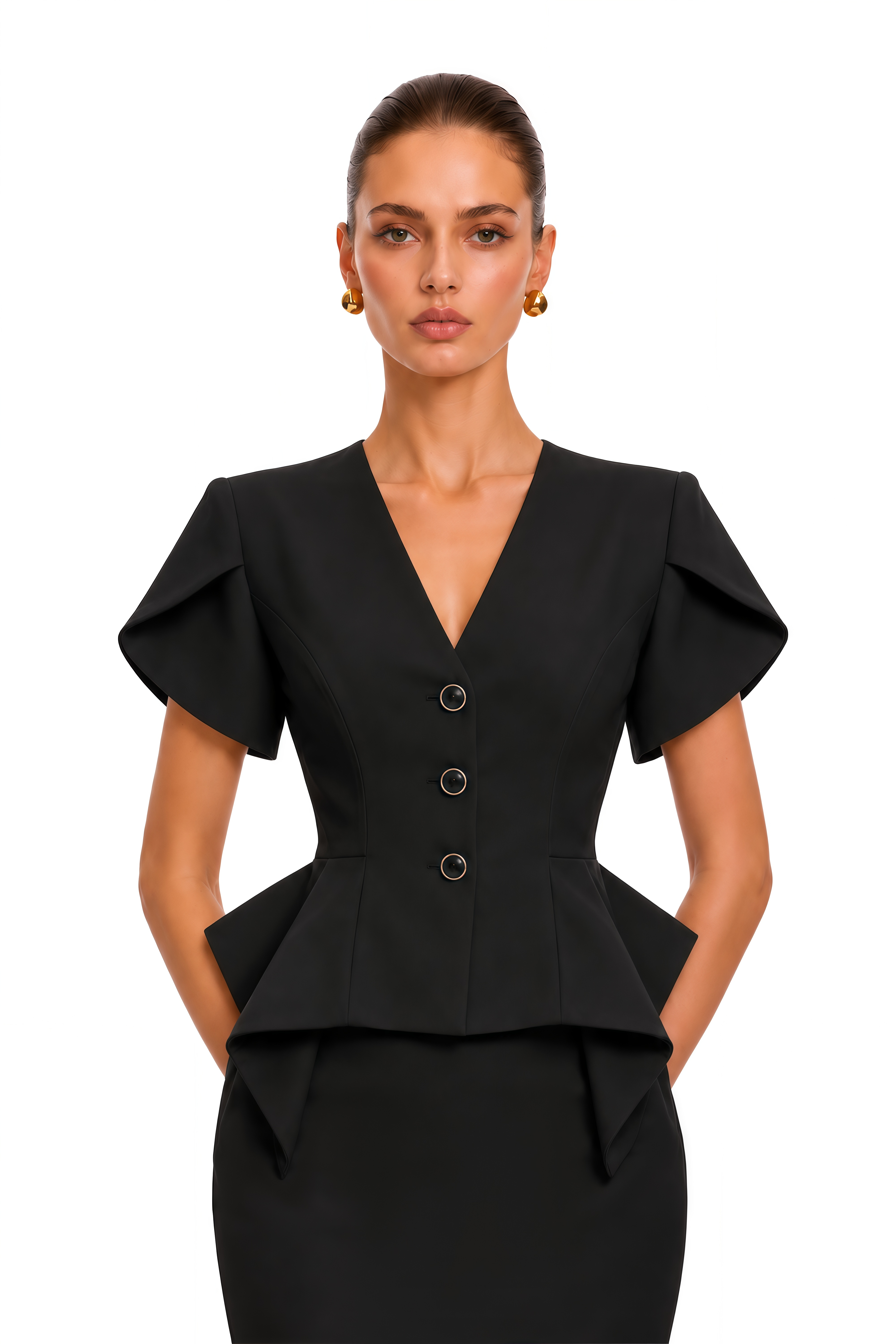 Kelsie Black Sculpted Peplum Jacket & Pencil Midi Skirt Set