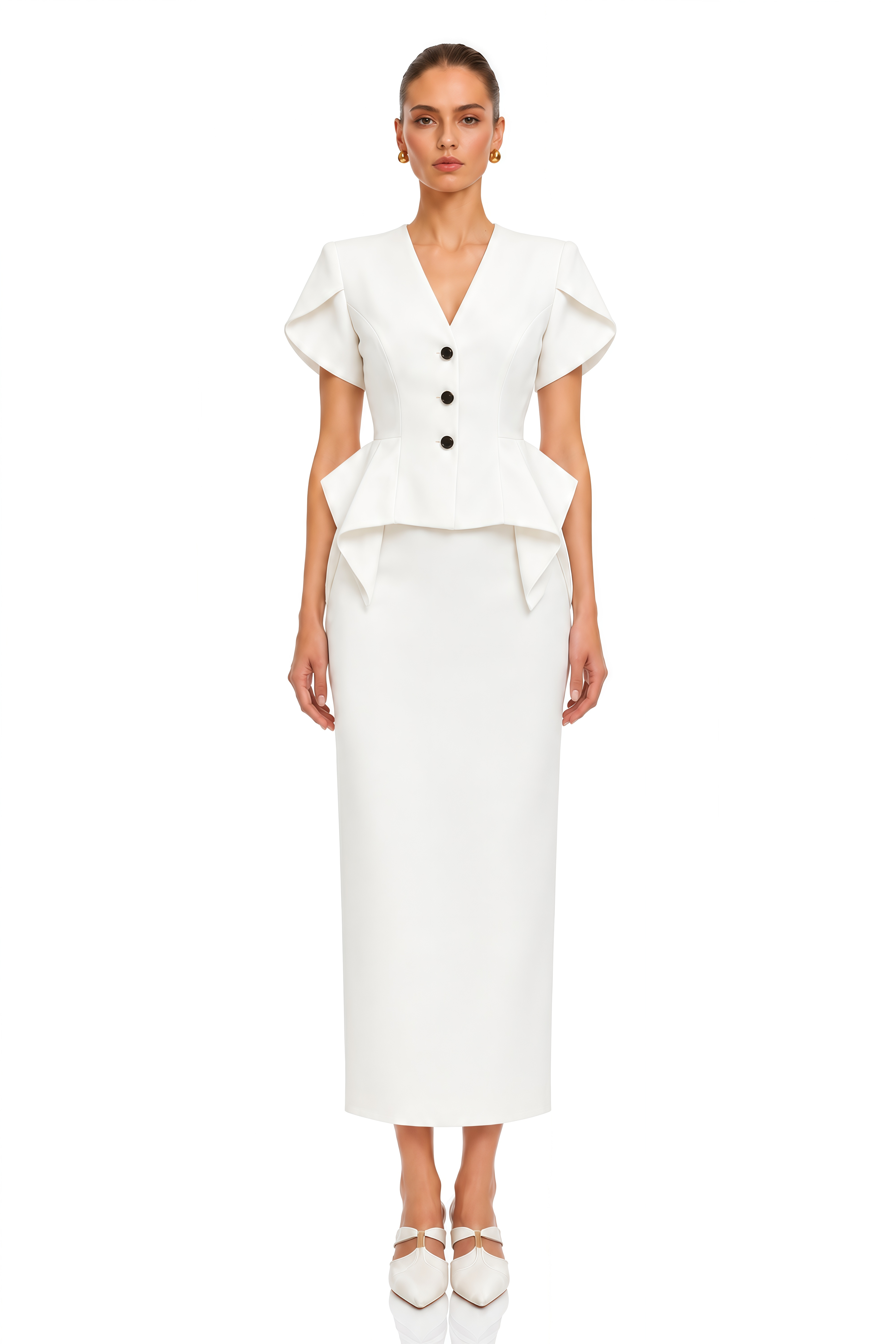 Kelsie Ivory Sculpted Peplum Jacket & Pencil Midi Skirt Set