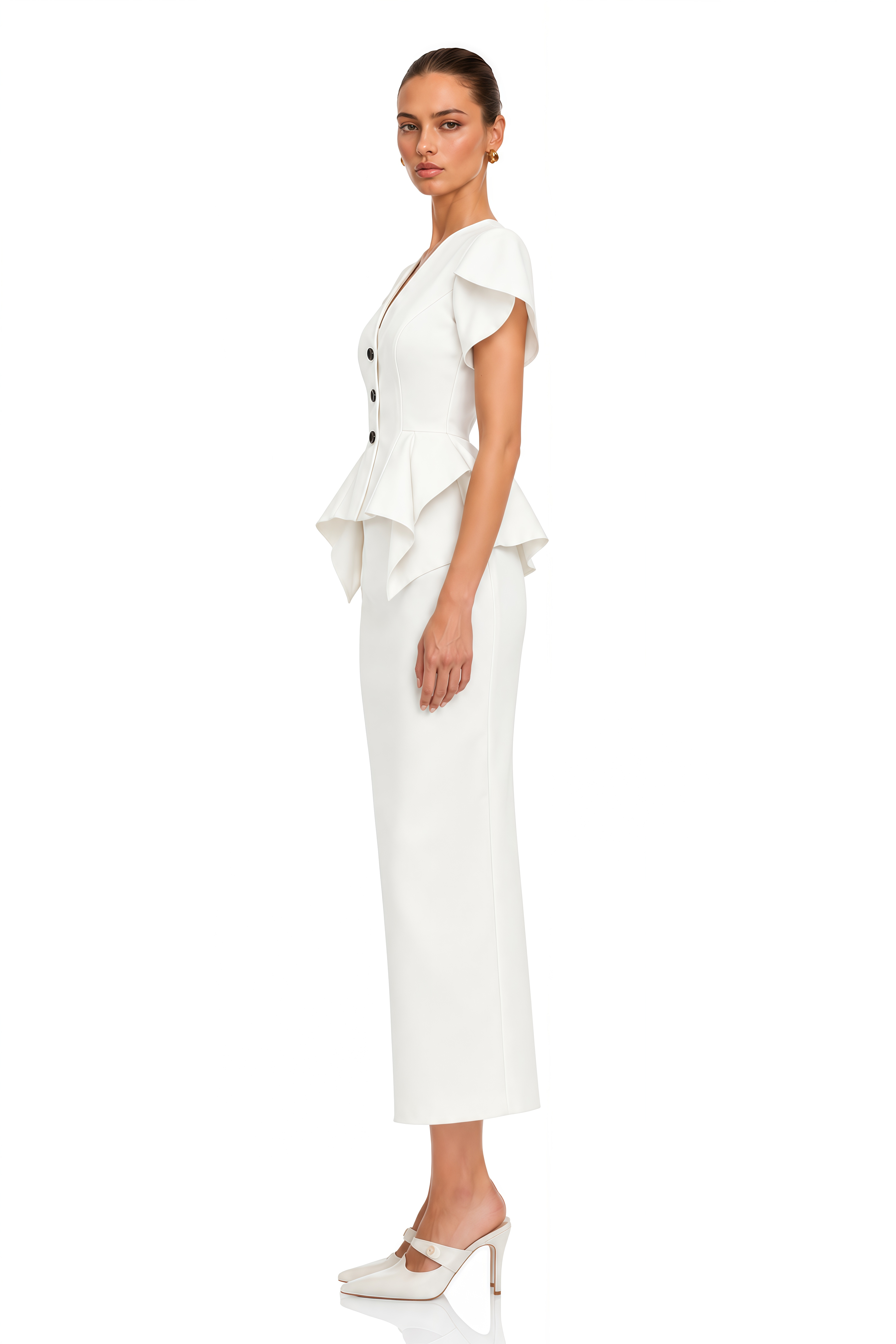 Kelsie Ivory Sculpted Peplum Jacket & Pencil Midi Skirt Set