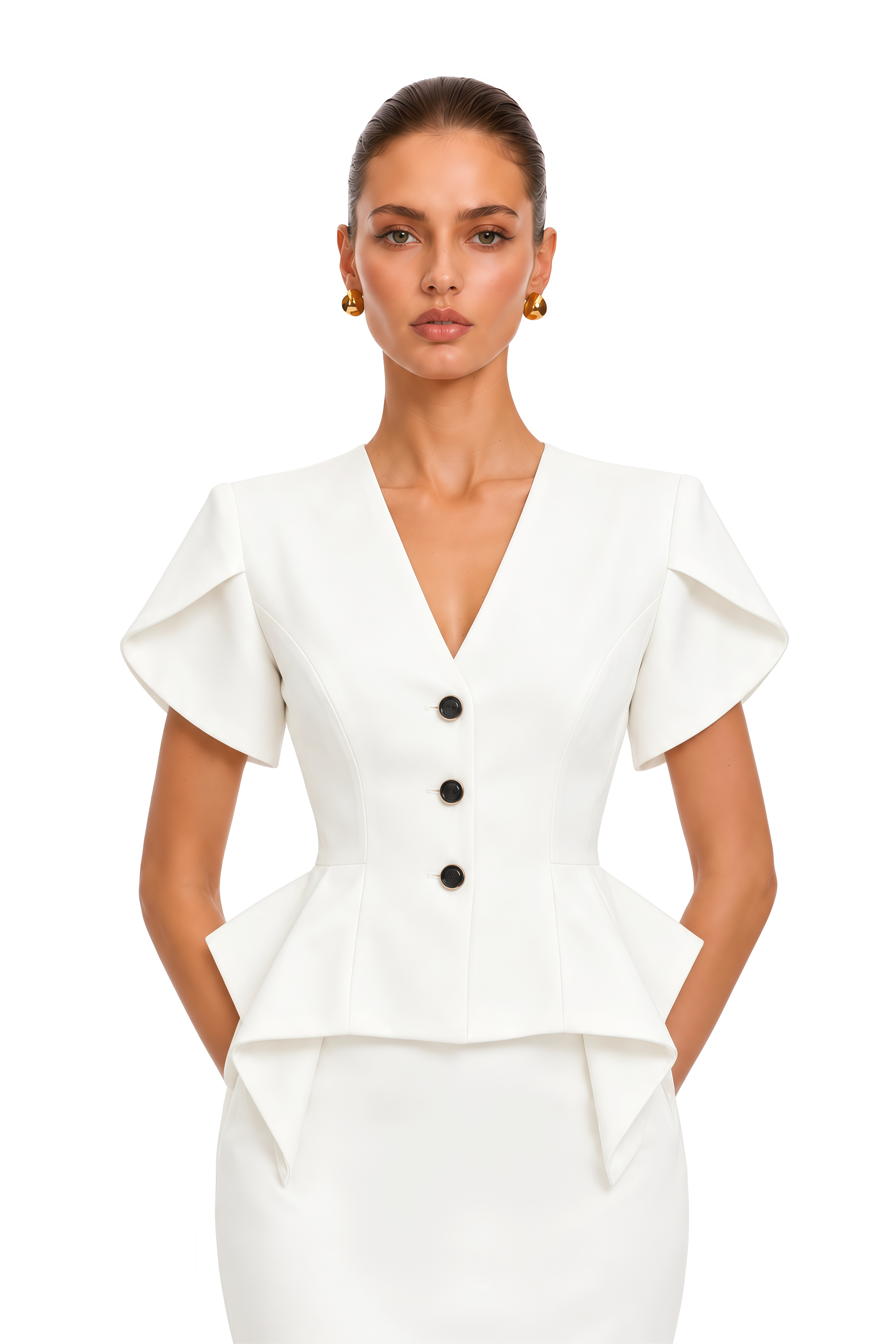 Kelsie Ivory Sculpted Peplum Jacket & Pencil Midi Skirt Set