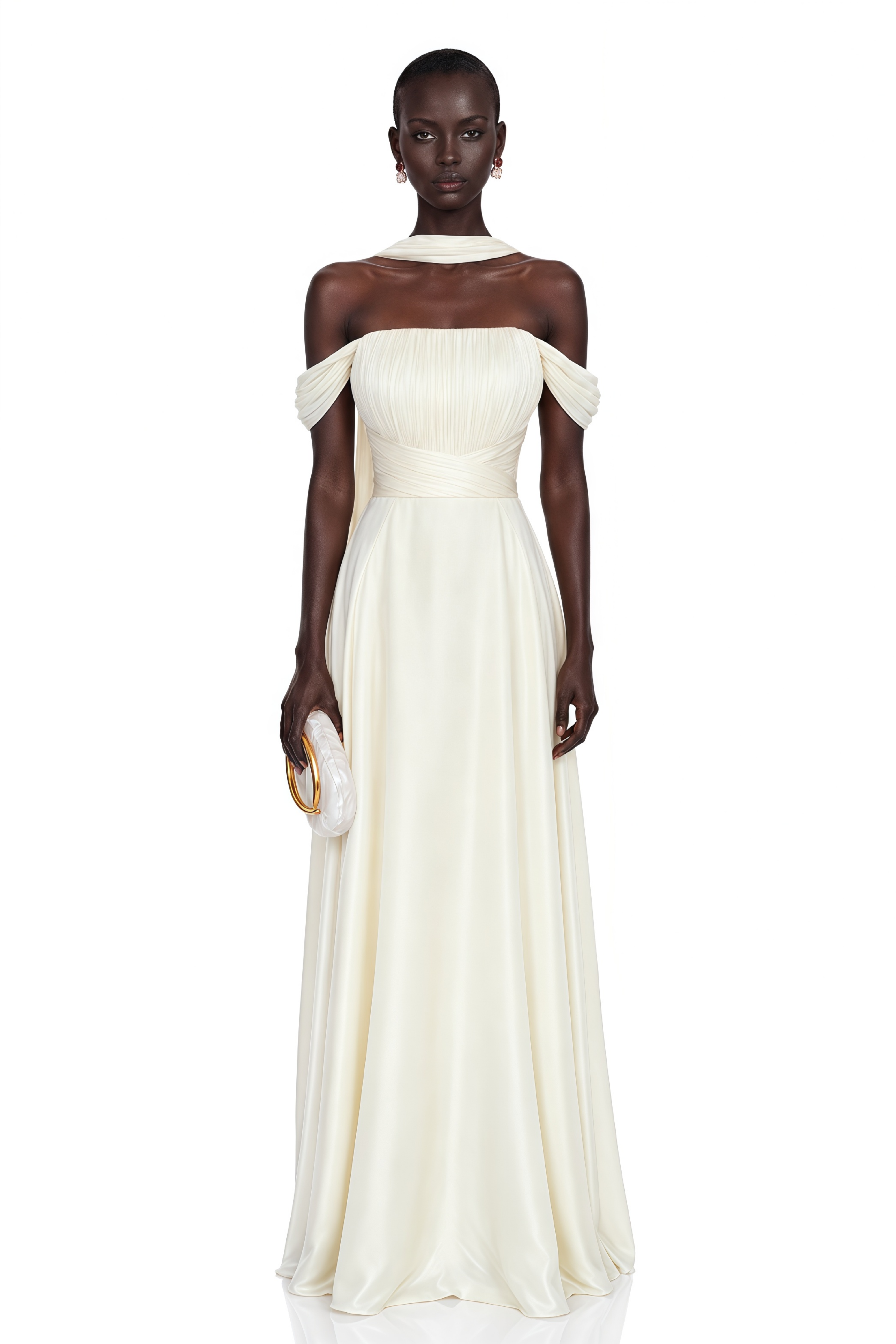 Kereru White Off-shoulder Pleated Gloosy Maxi Dress