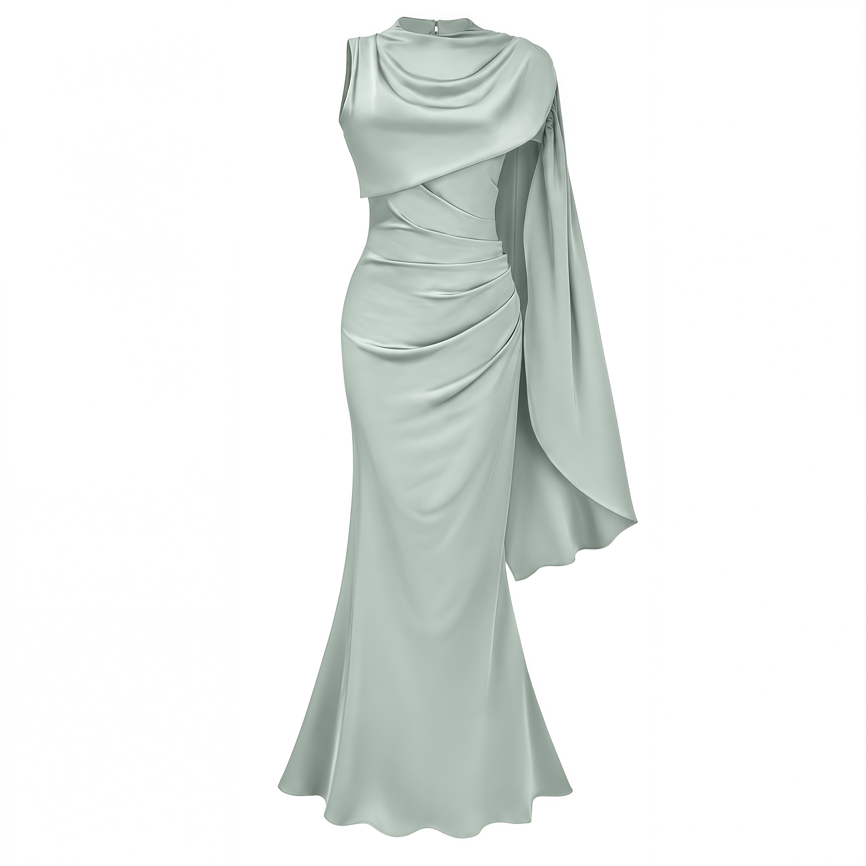Kerttu Sage Green Ruched Maxi Dress with Asymmetrical Sleeves