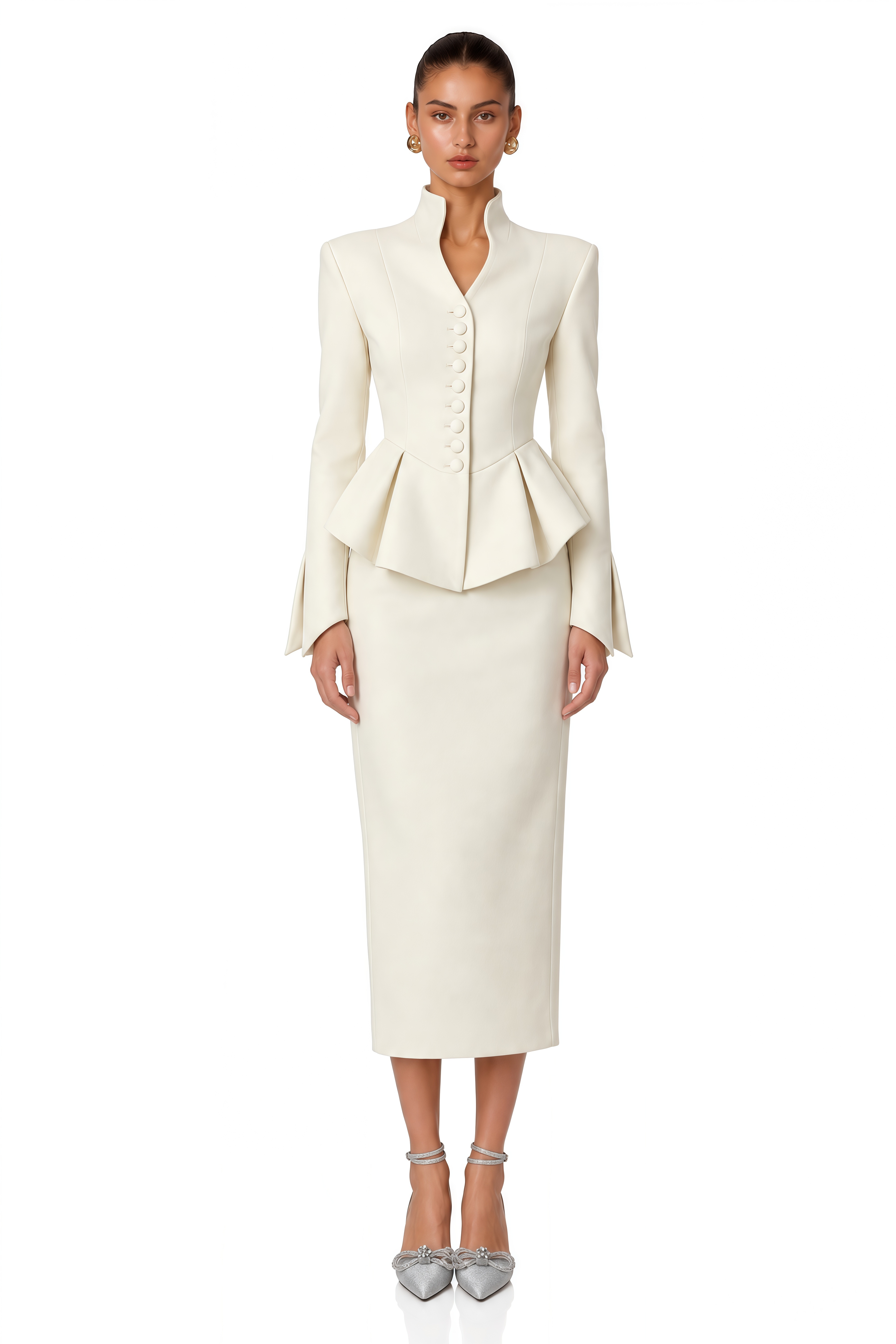 Kiara Ivory Structured Peplum Blazer & Midi Skirt Set