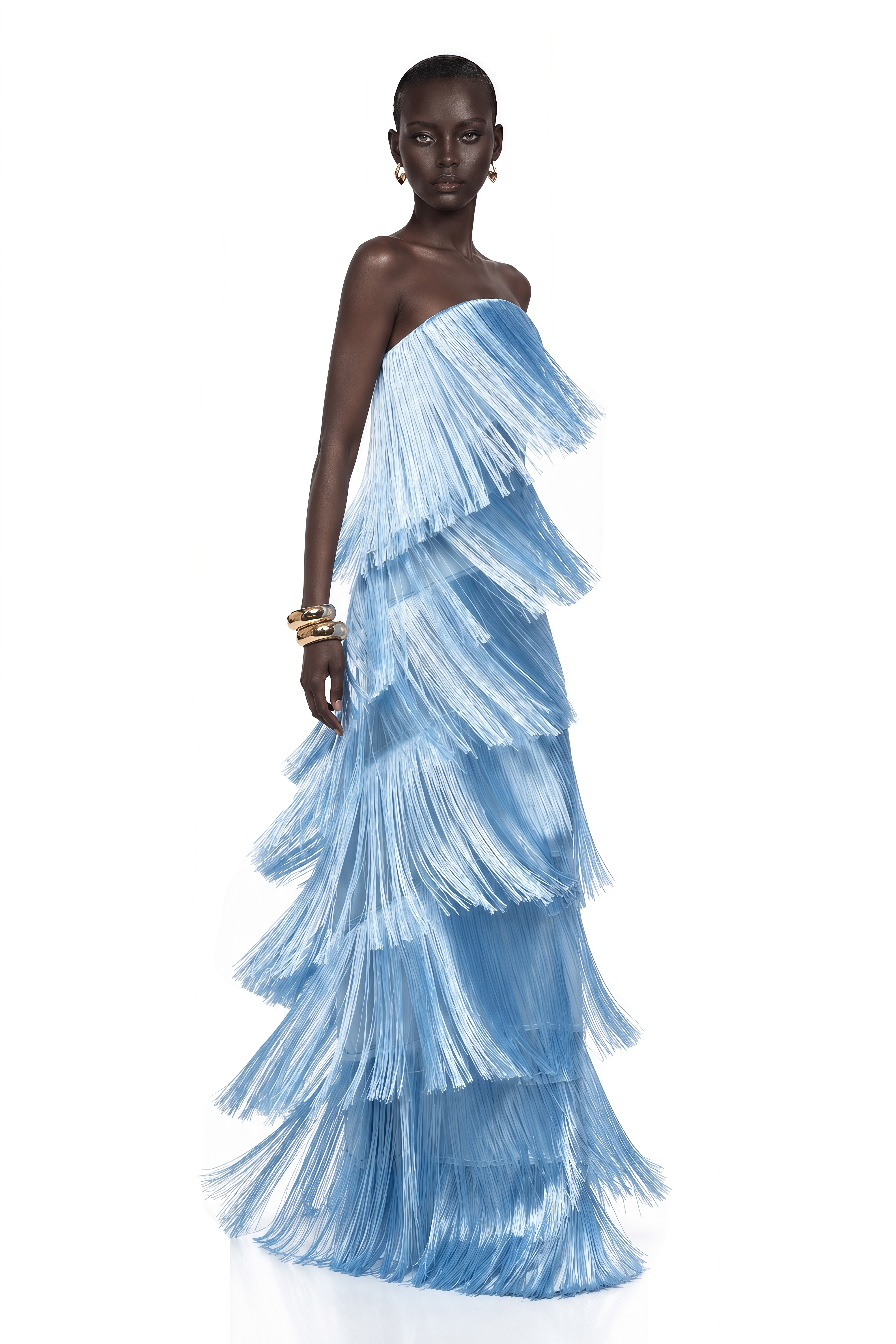 Kinsey Ice Blue Strapless Tiered Fringe Maxi Dress