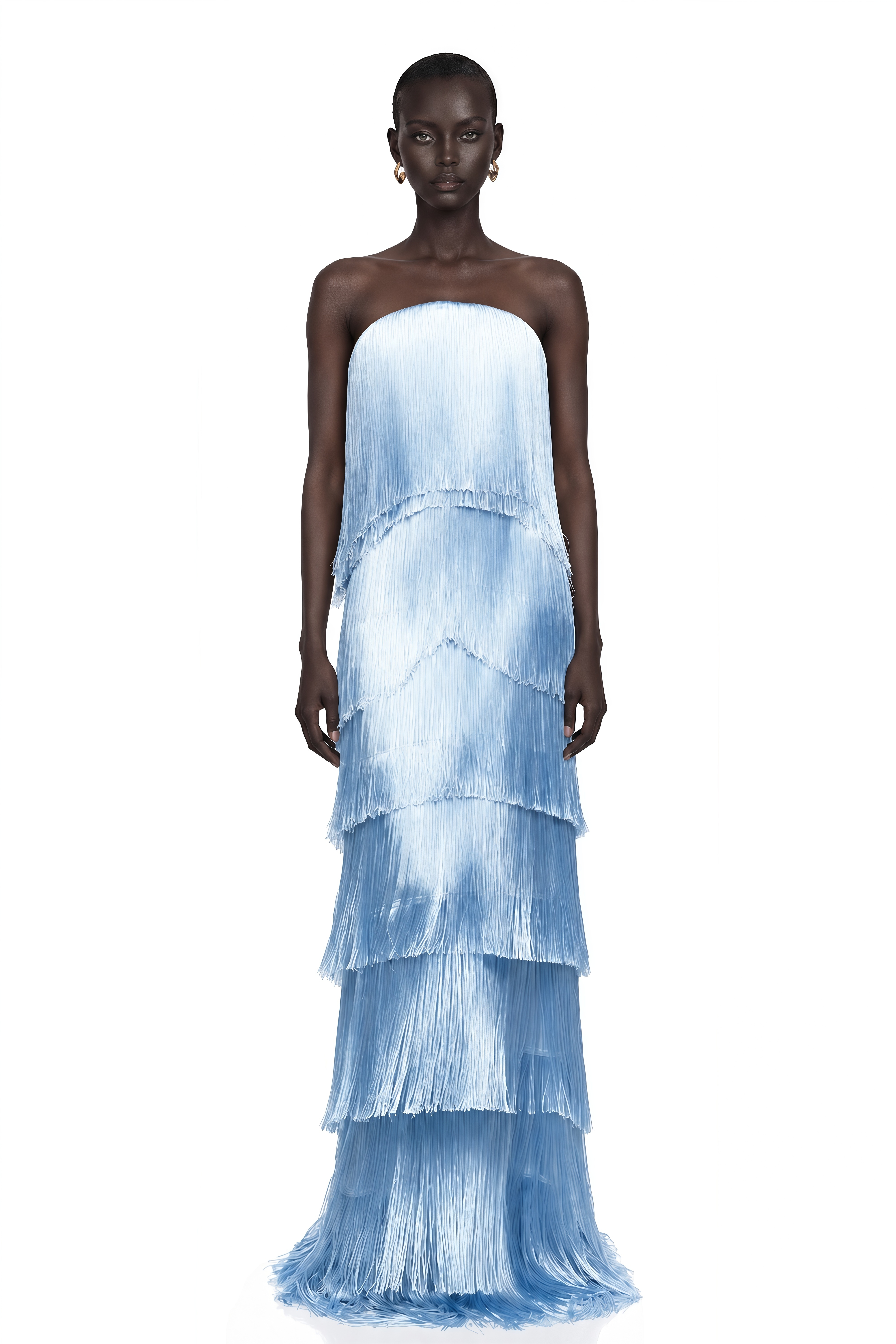 Kinsey Ice Blue Strapless Tiered Fringe Maxi Dress