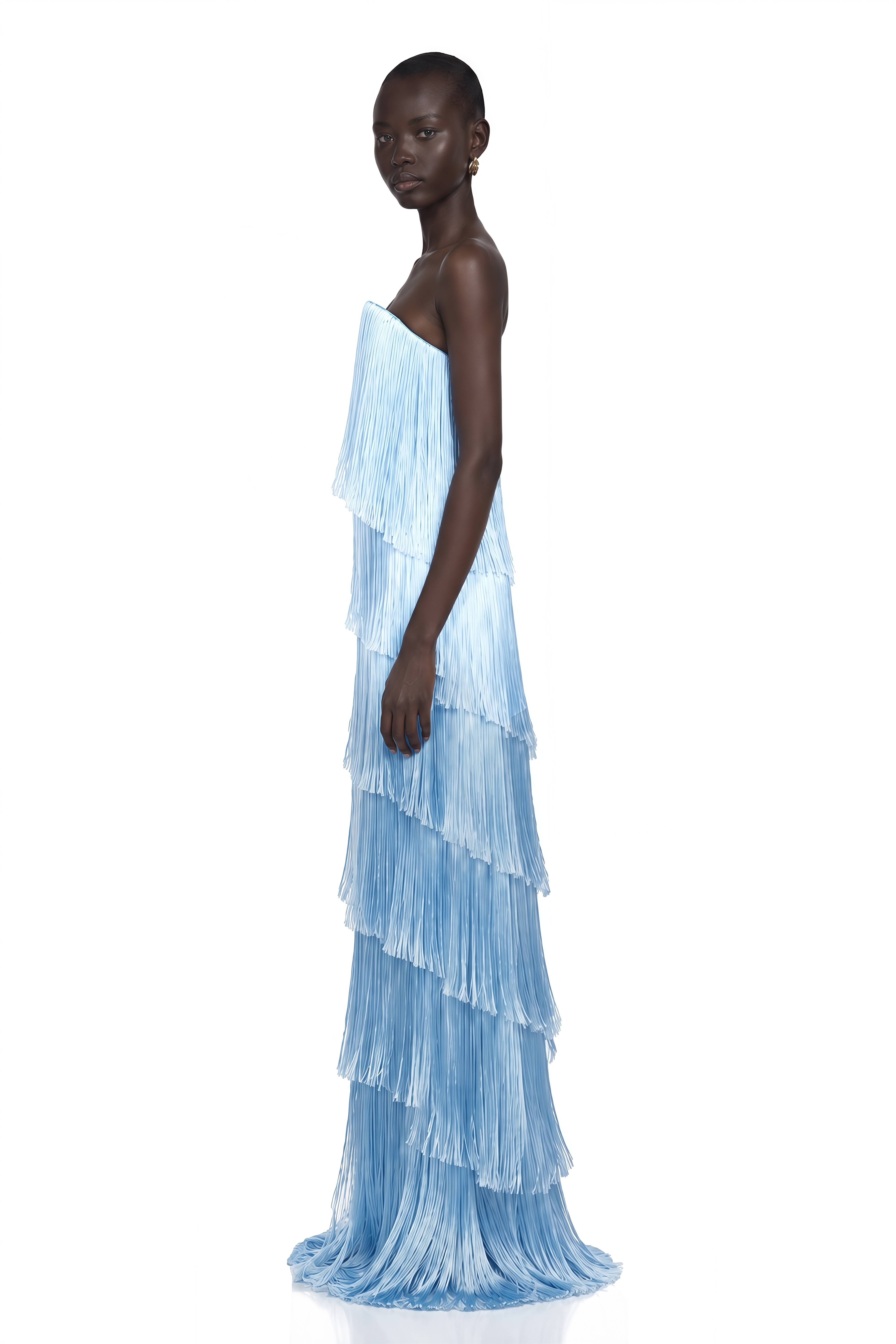 Kinsey Ice Blue Strapless Tiered Fringe Maxi Dress