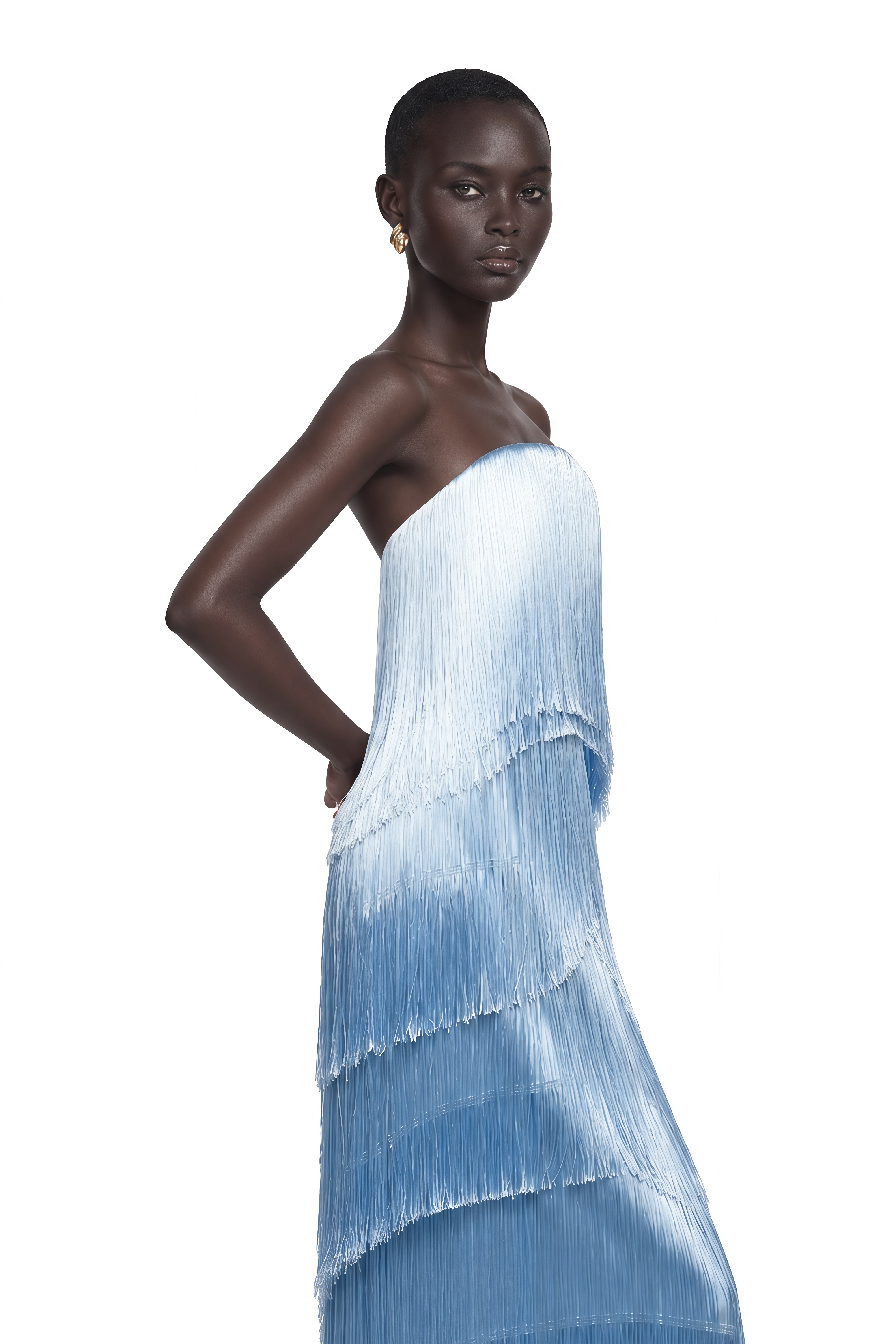 Kinsey Ice Blue Strapless Tiered Fringe Maxi Dress