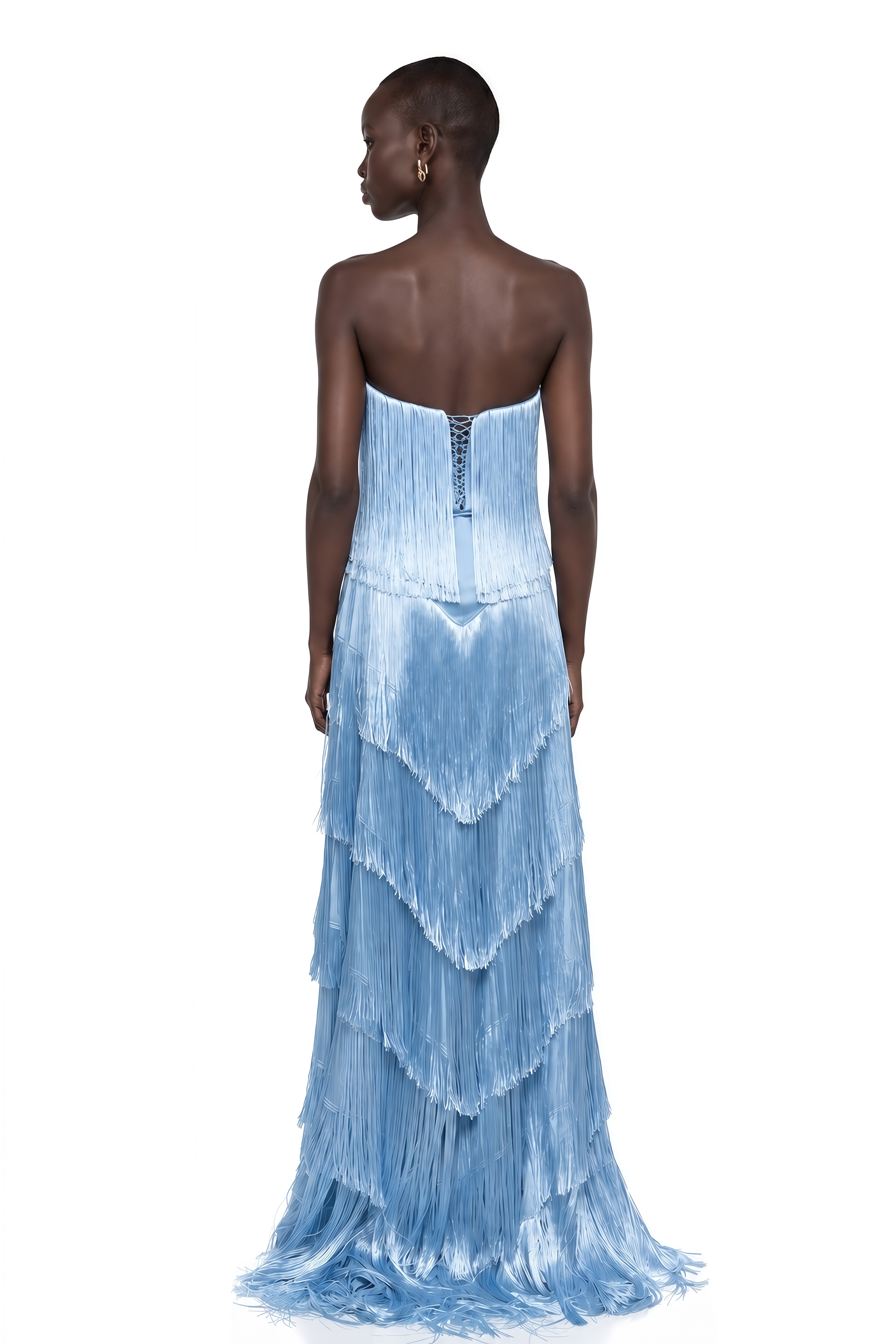 Kinsey Ice Blue Strapless Tiered Fringe Maxi Dress