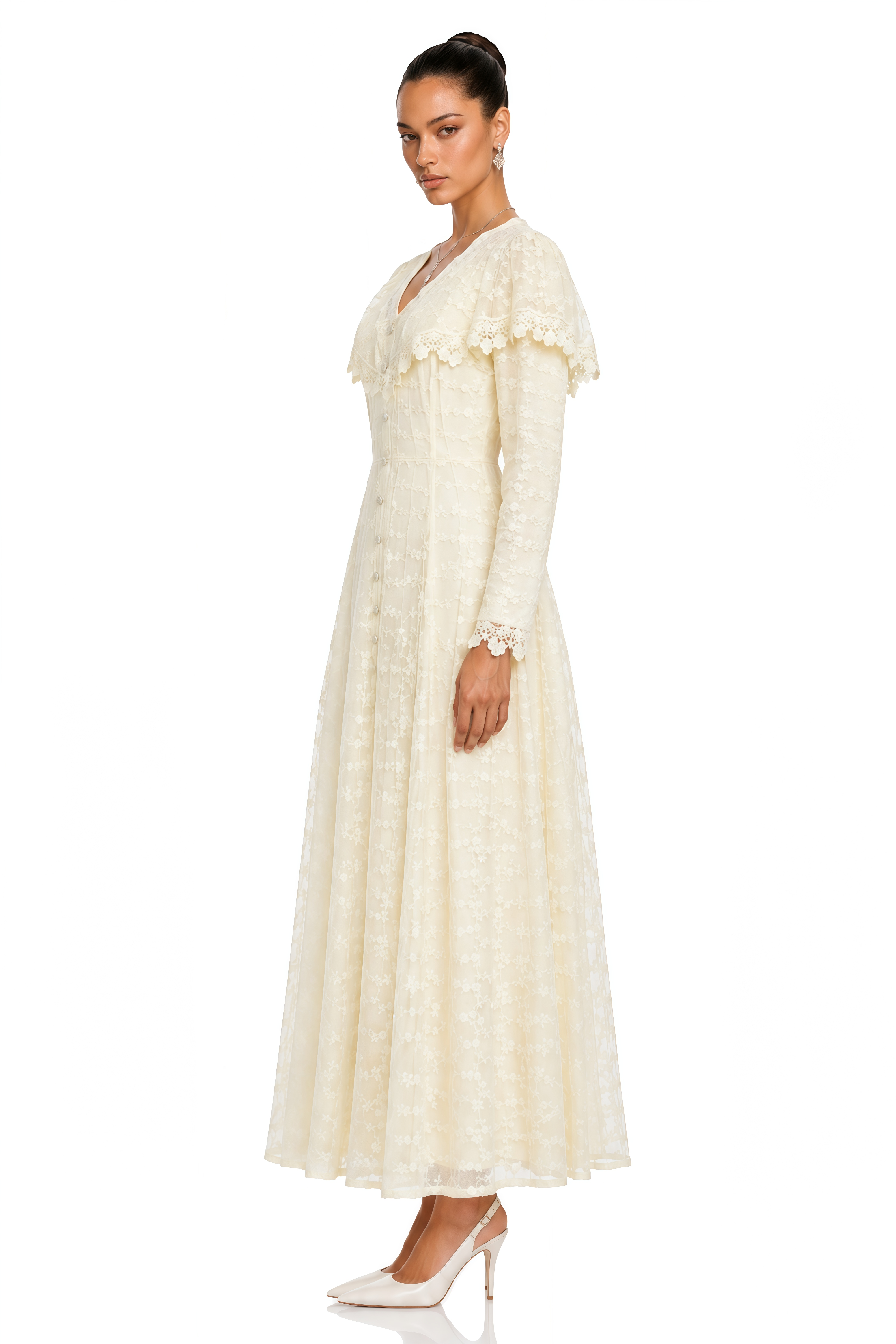 Kira Neutral Lace Button-Front Maxi Dress