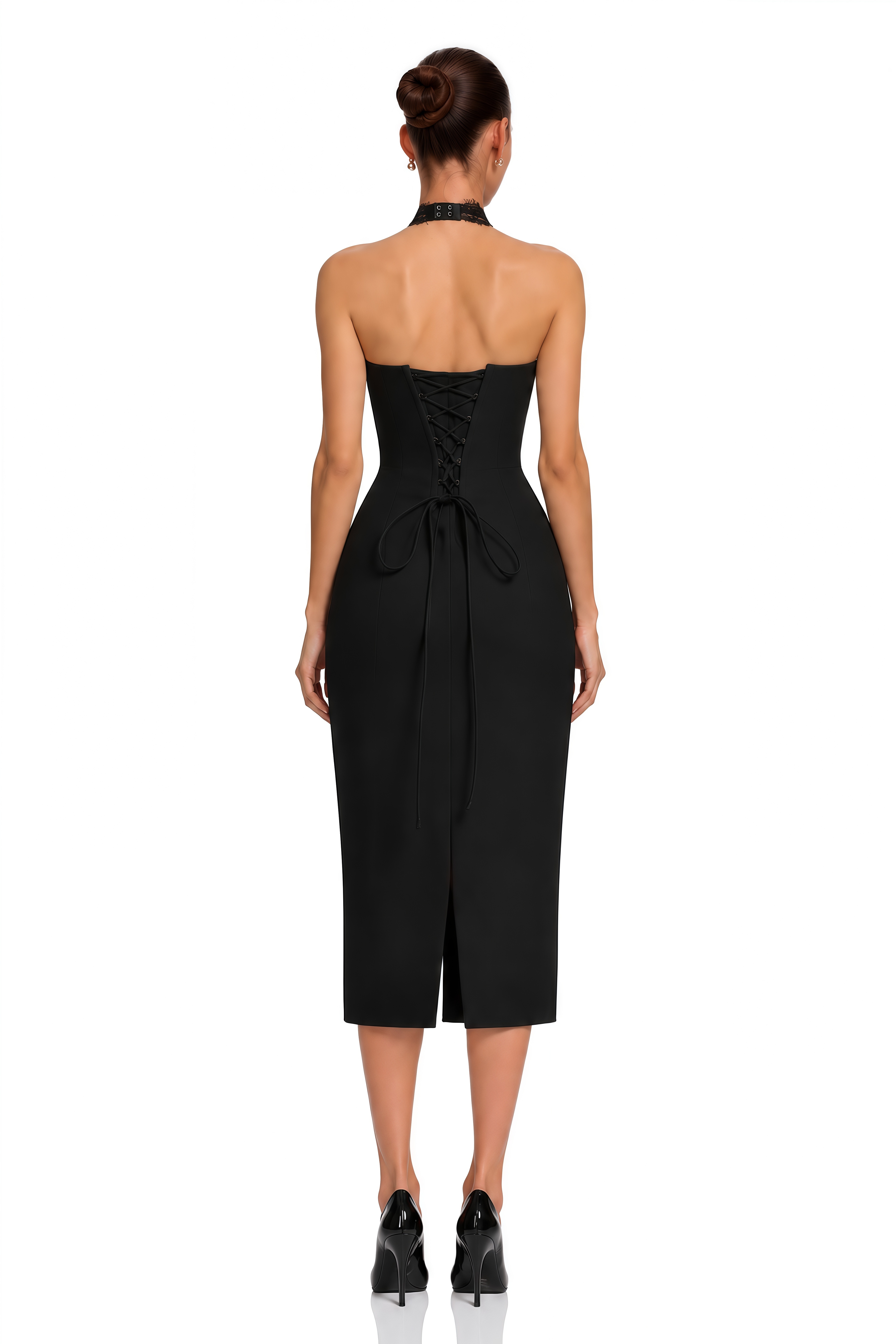 Kirpa Black Halterneck Lace Corset Midi Dress