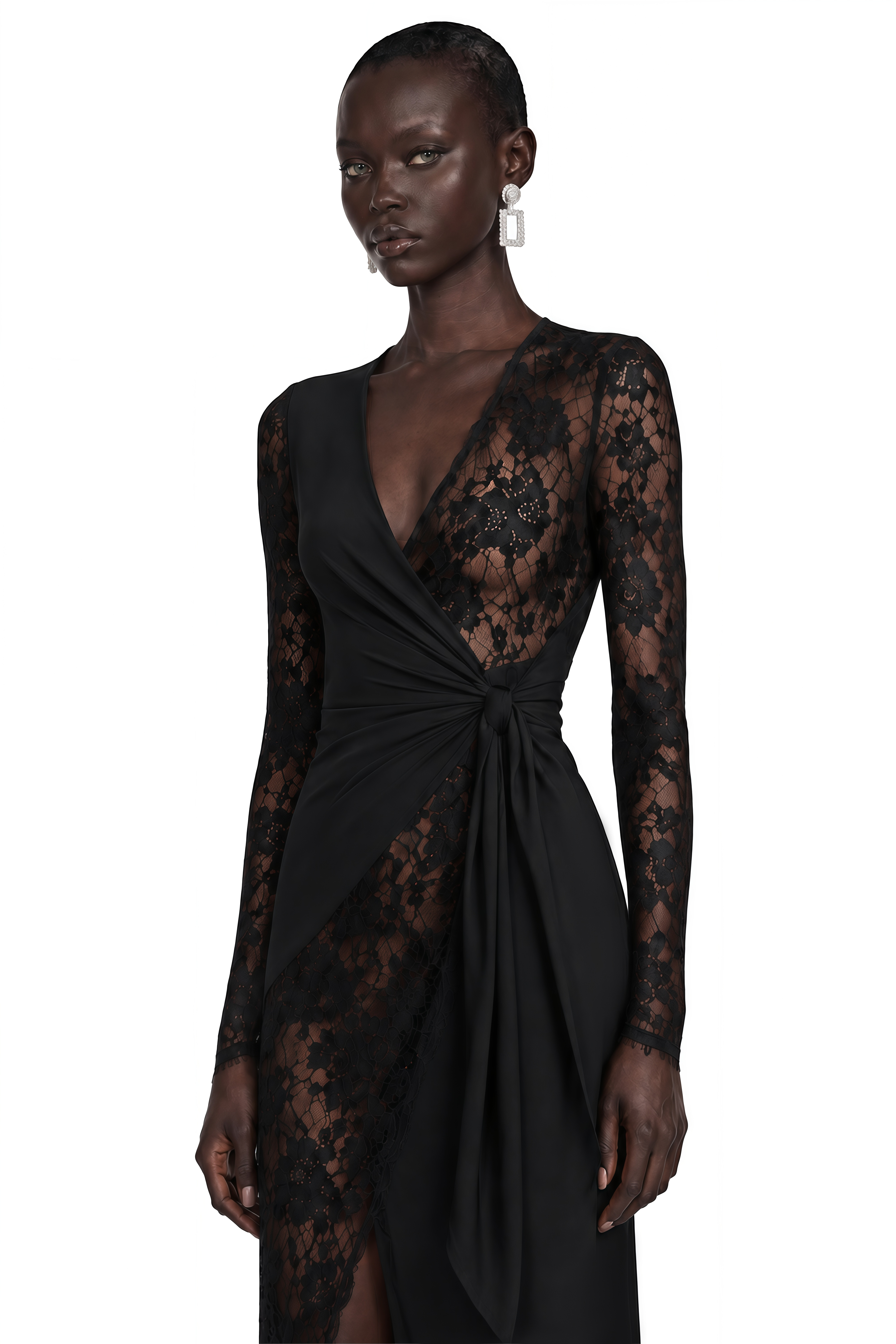 Klarity Black Lace V-Neck Long Sleeve Slit Midi Dress