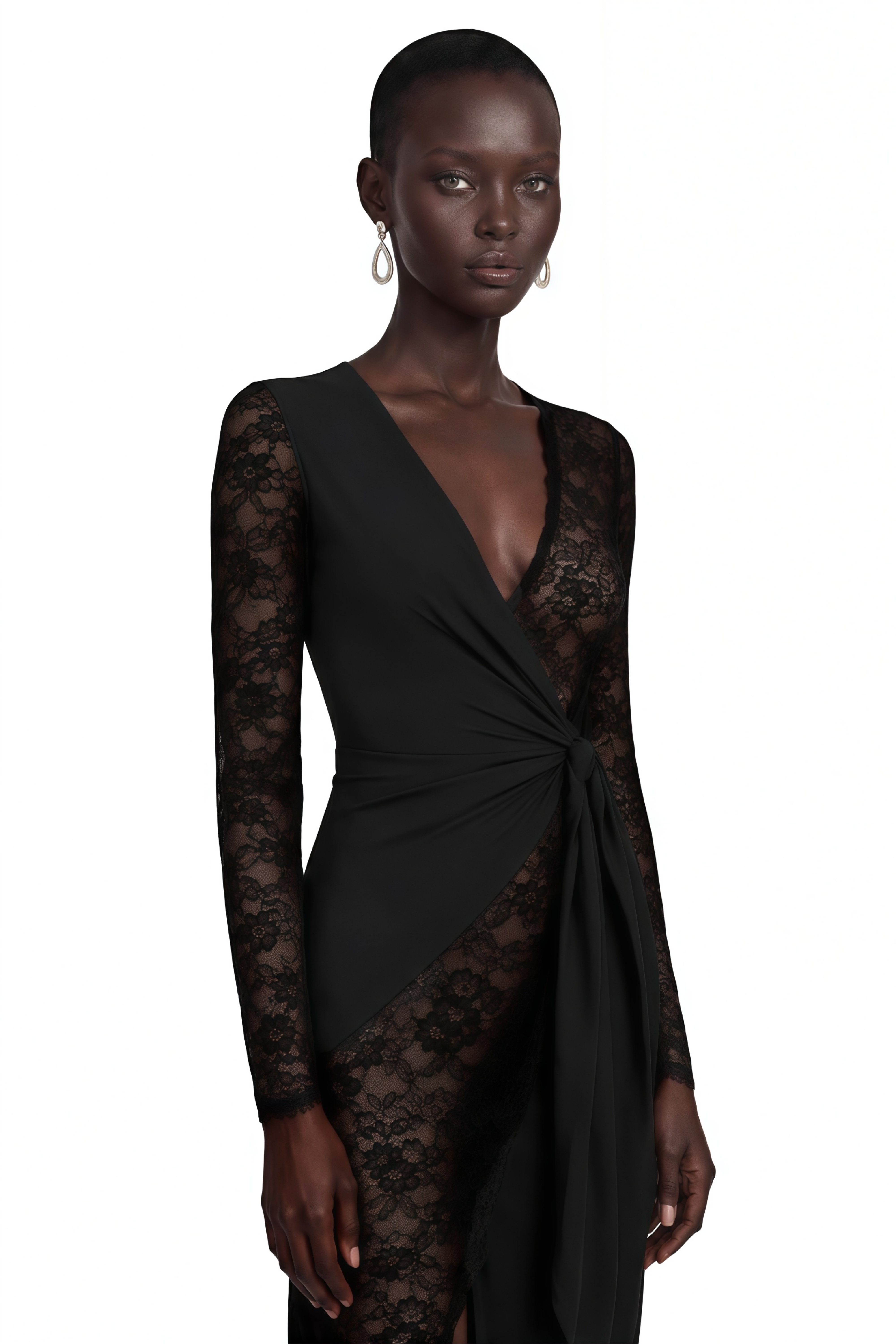 Klarity Black Lace V-Neck Long Sleeve Slit Midi Dress