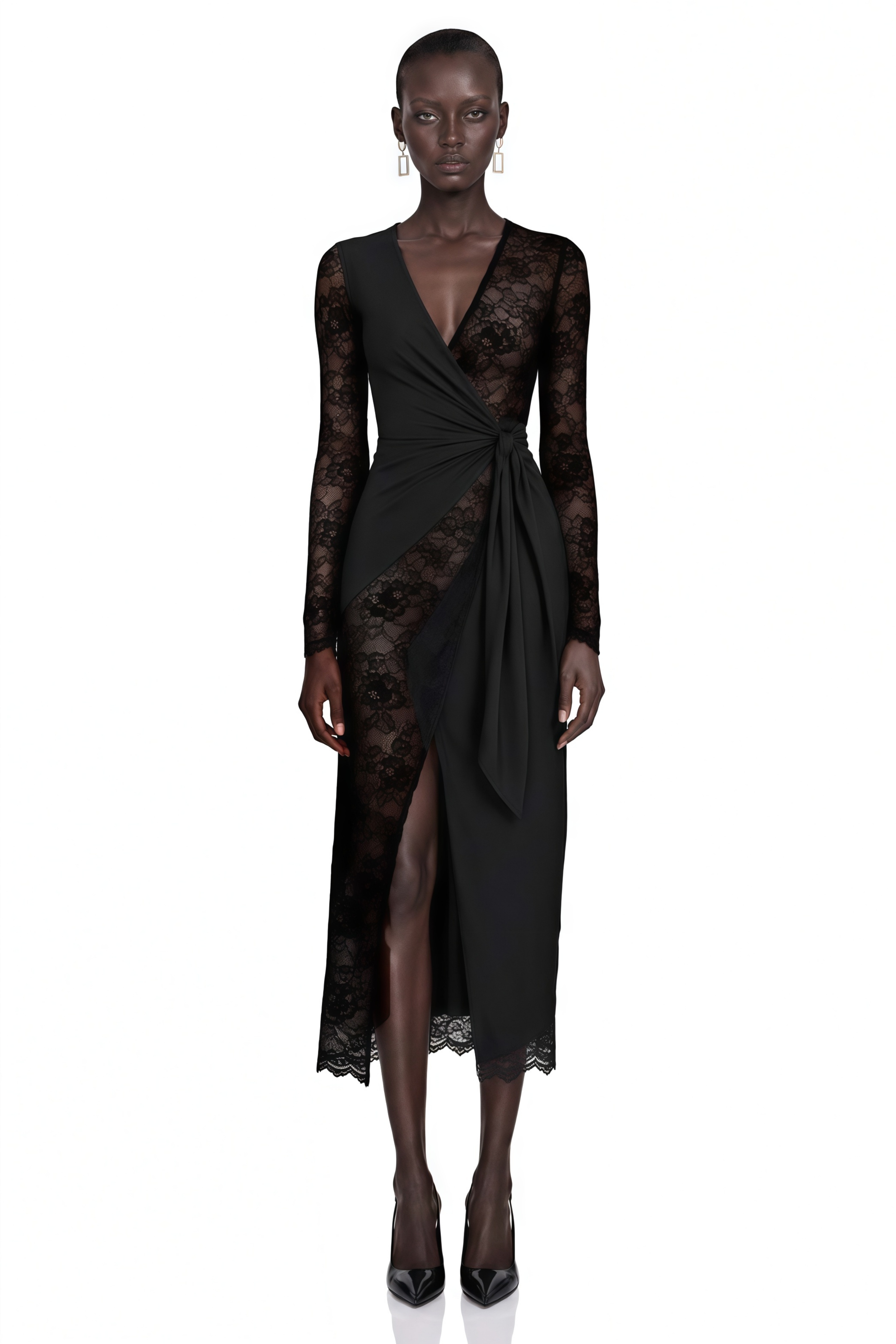 Klarity Black Lace V-Neck Long Sleeve Slit Midi Dress