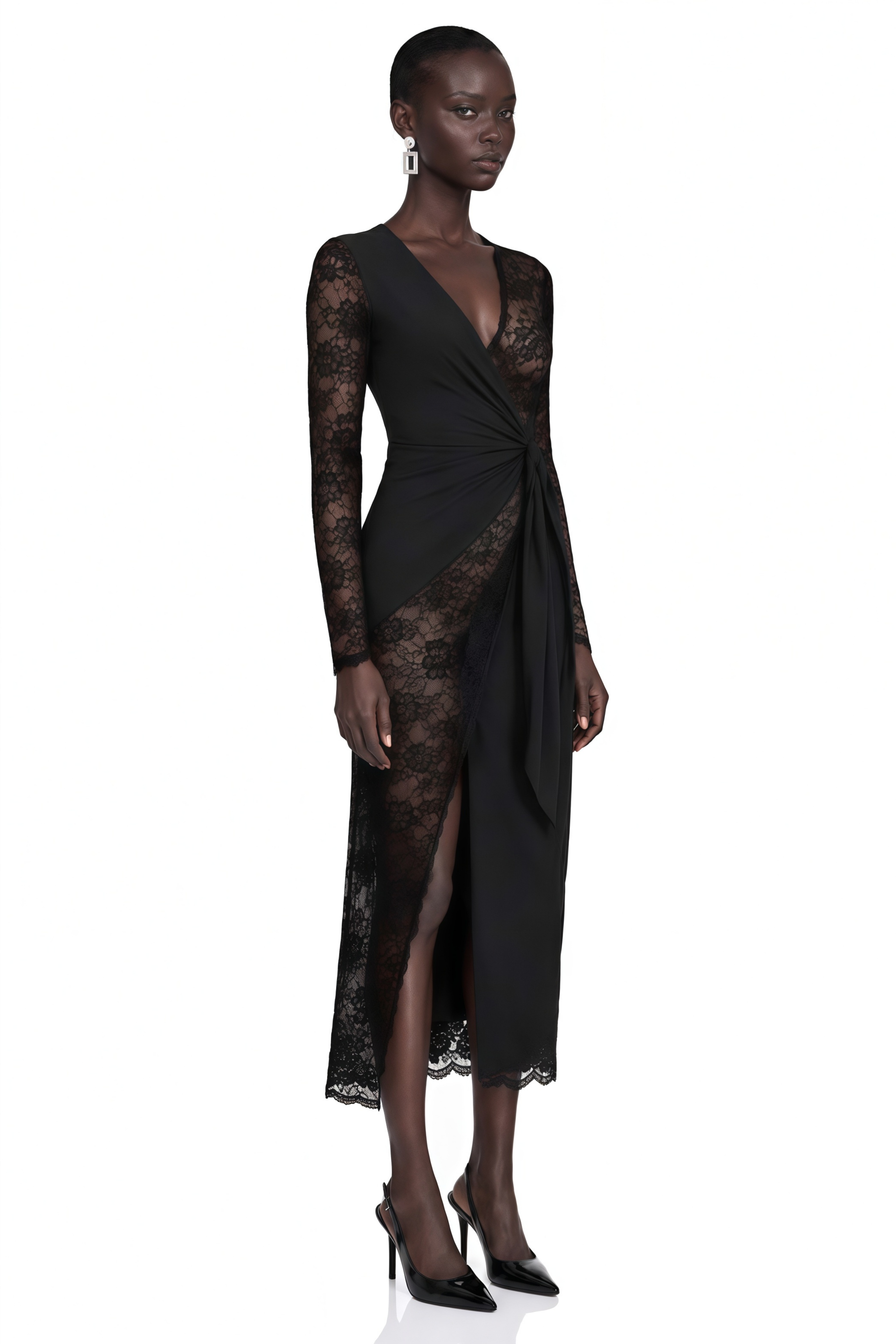 Klarity Black Lace V-Neck Long Sleeve Slit Midi Dress