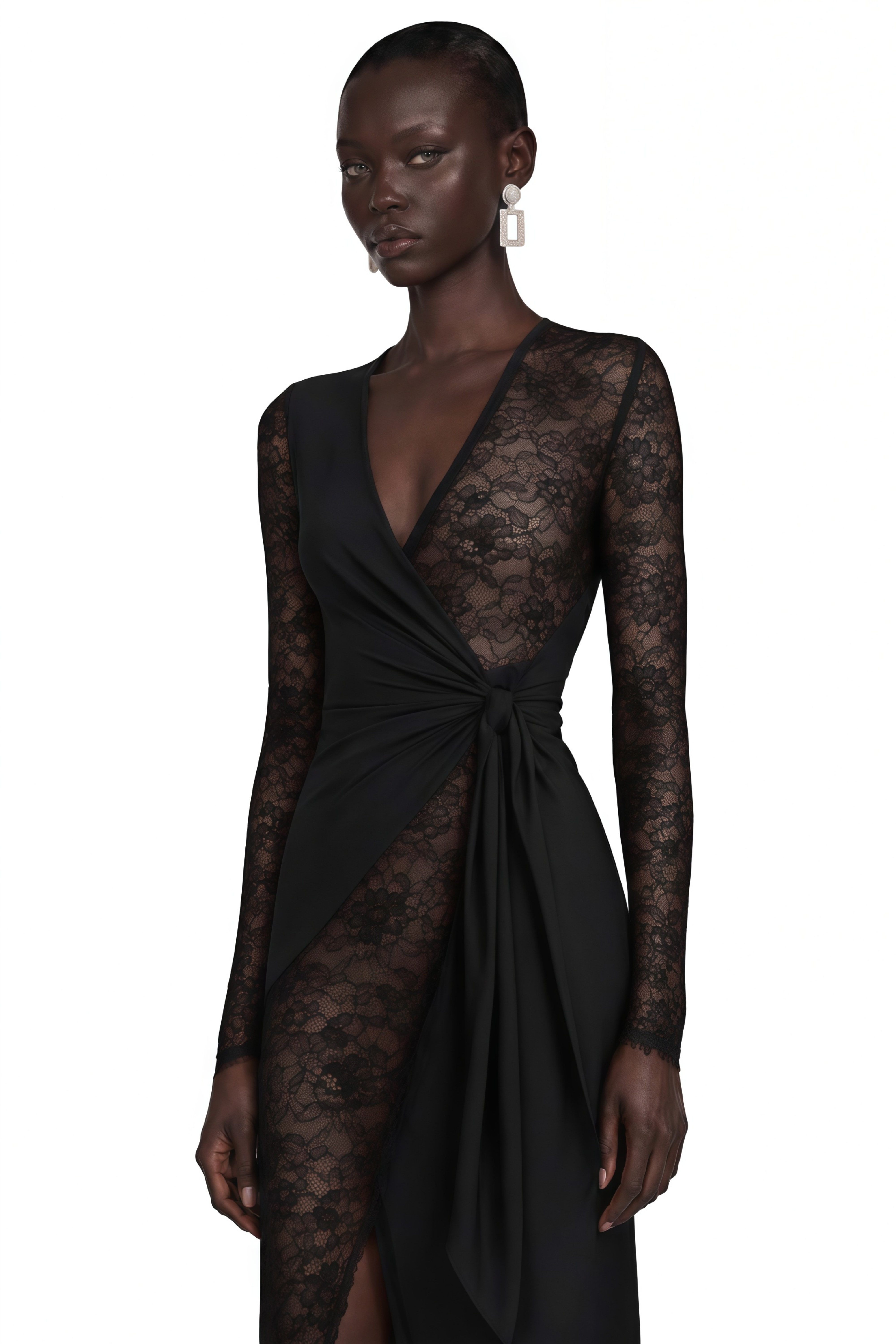 Klarity Black Lace V-Neck Long Sleeve Slit Midi Dress