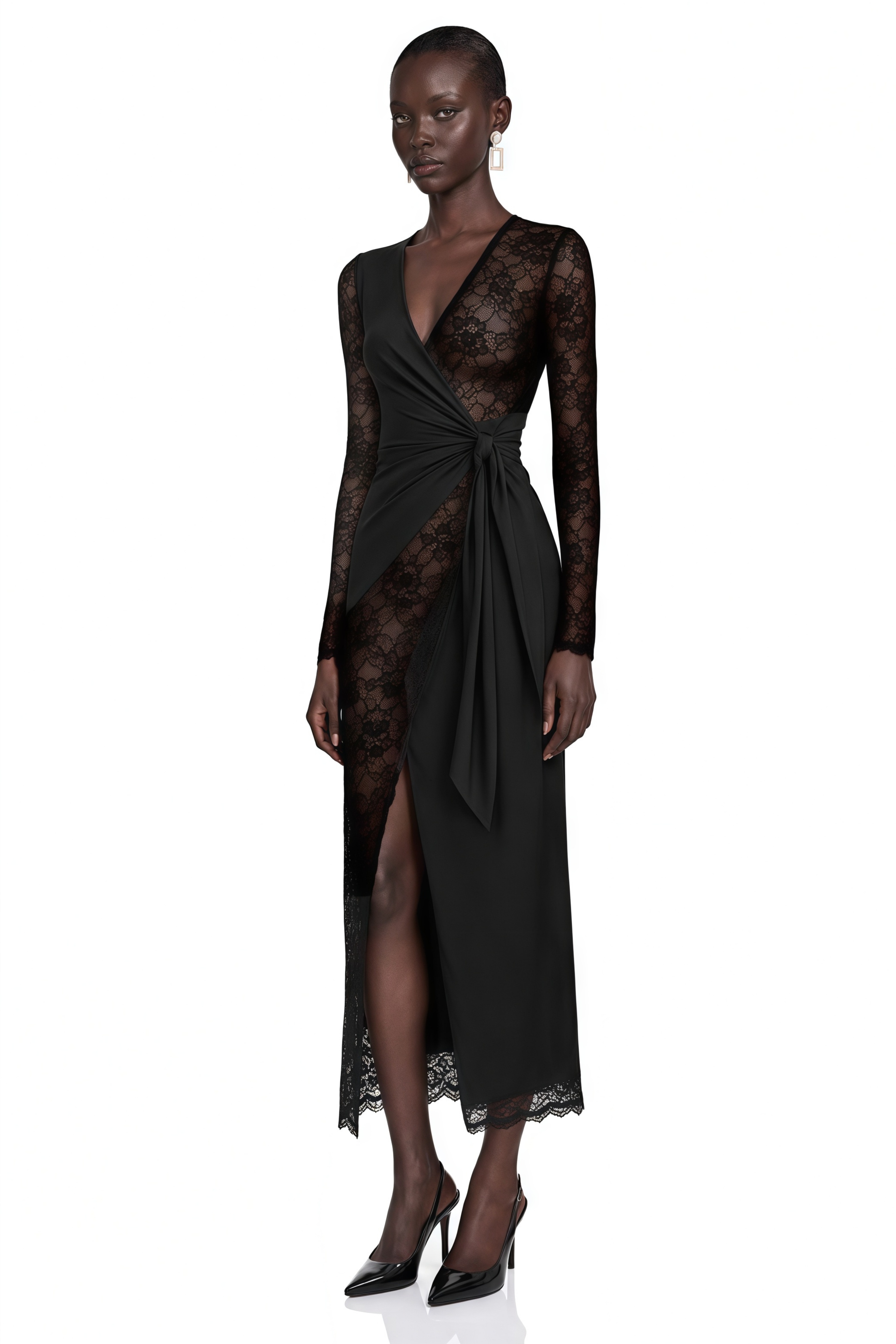 Klarity Black Lace V-Neck Long Sleeve Slit Midi Dress