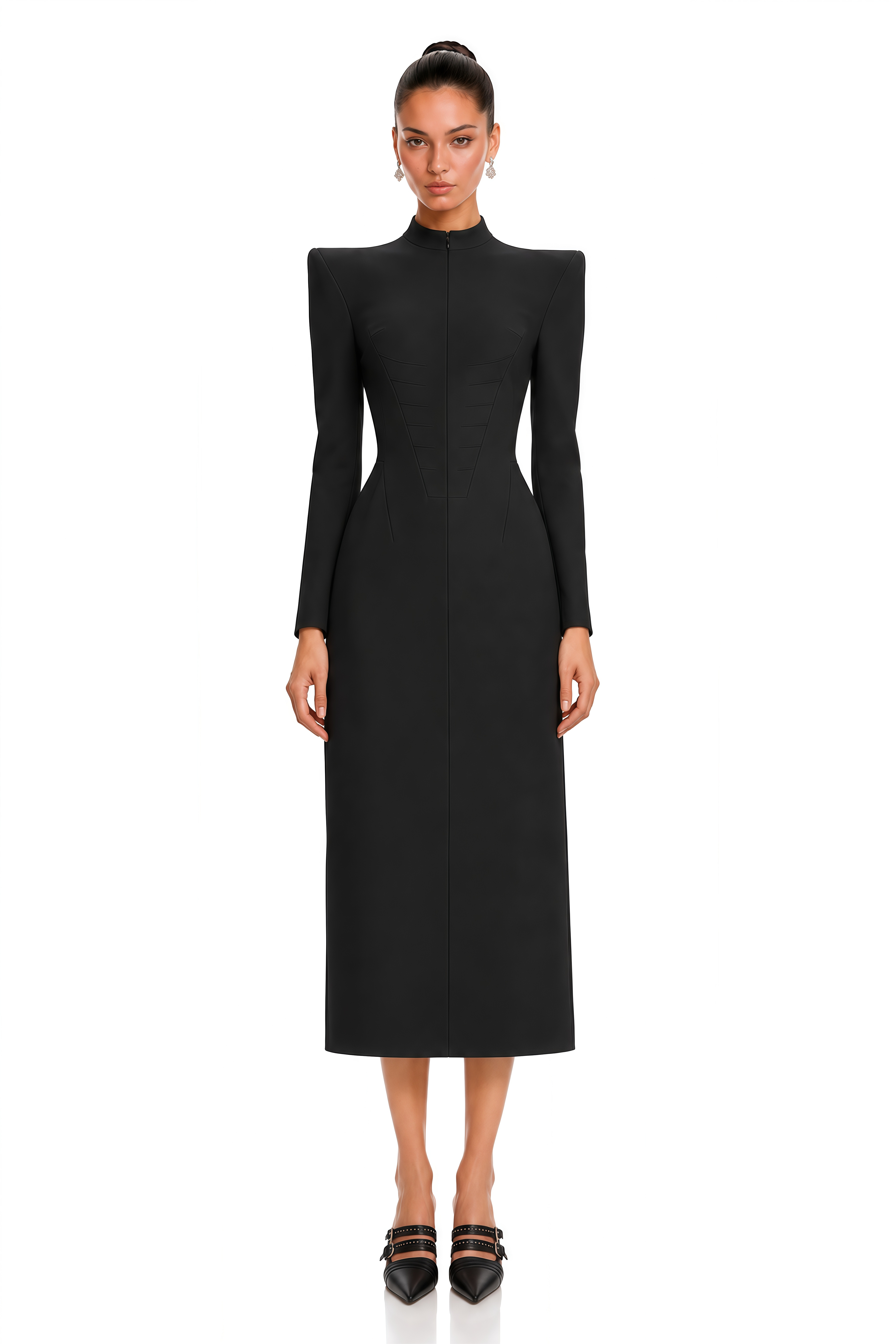 Klea Black Structured Shoulder Sheer Back Midi Dress – Miss Rosier ...