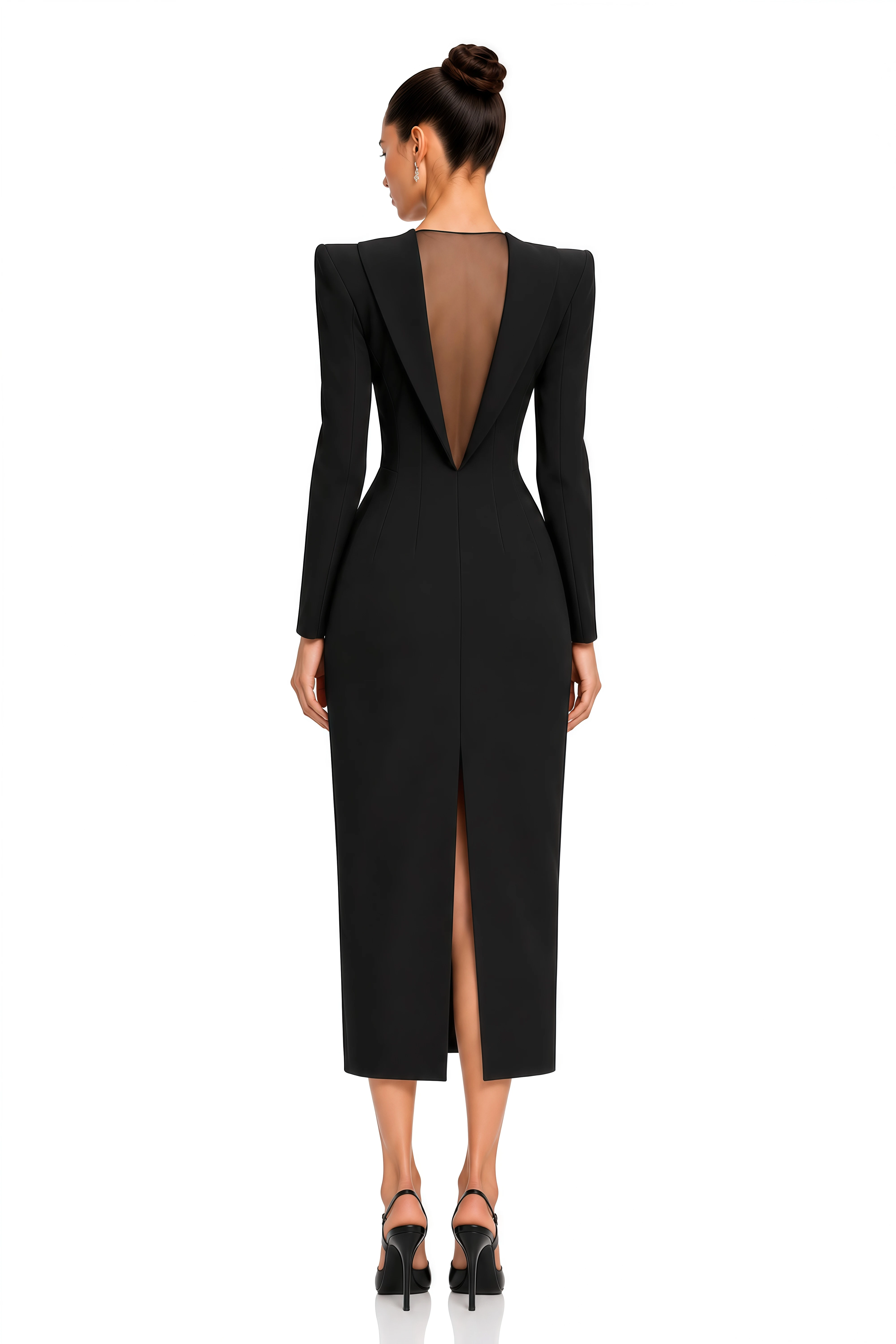 Klea Black Structured Shoulder Sheer Back Midi Dress