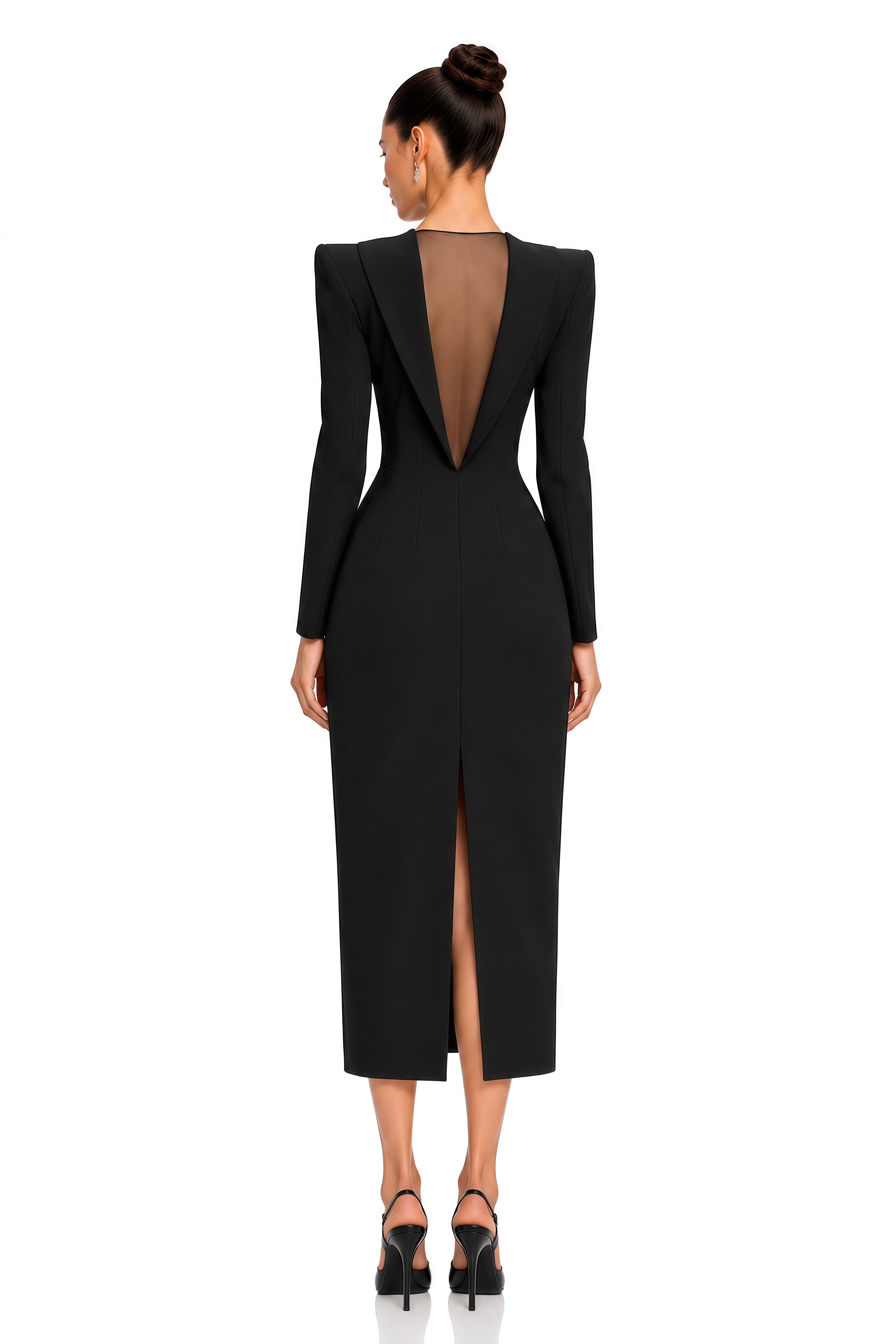 Klea Black Structured Shoulder Sheer Back Midi Dress – Miss Rosier ...