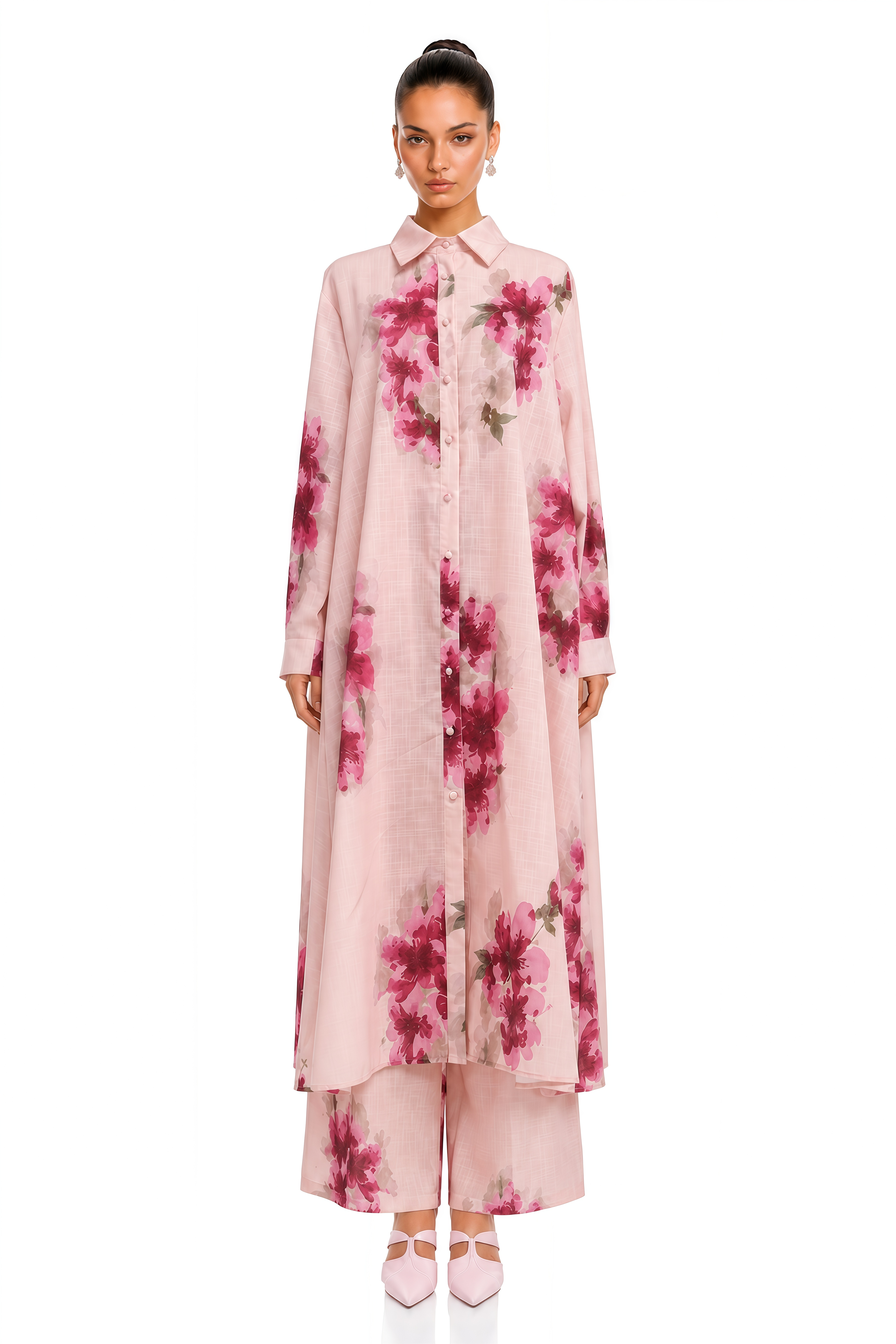 Kori Pink Floral Long Blouse & Wide-Leg Trousers Set