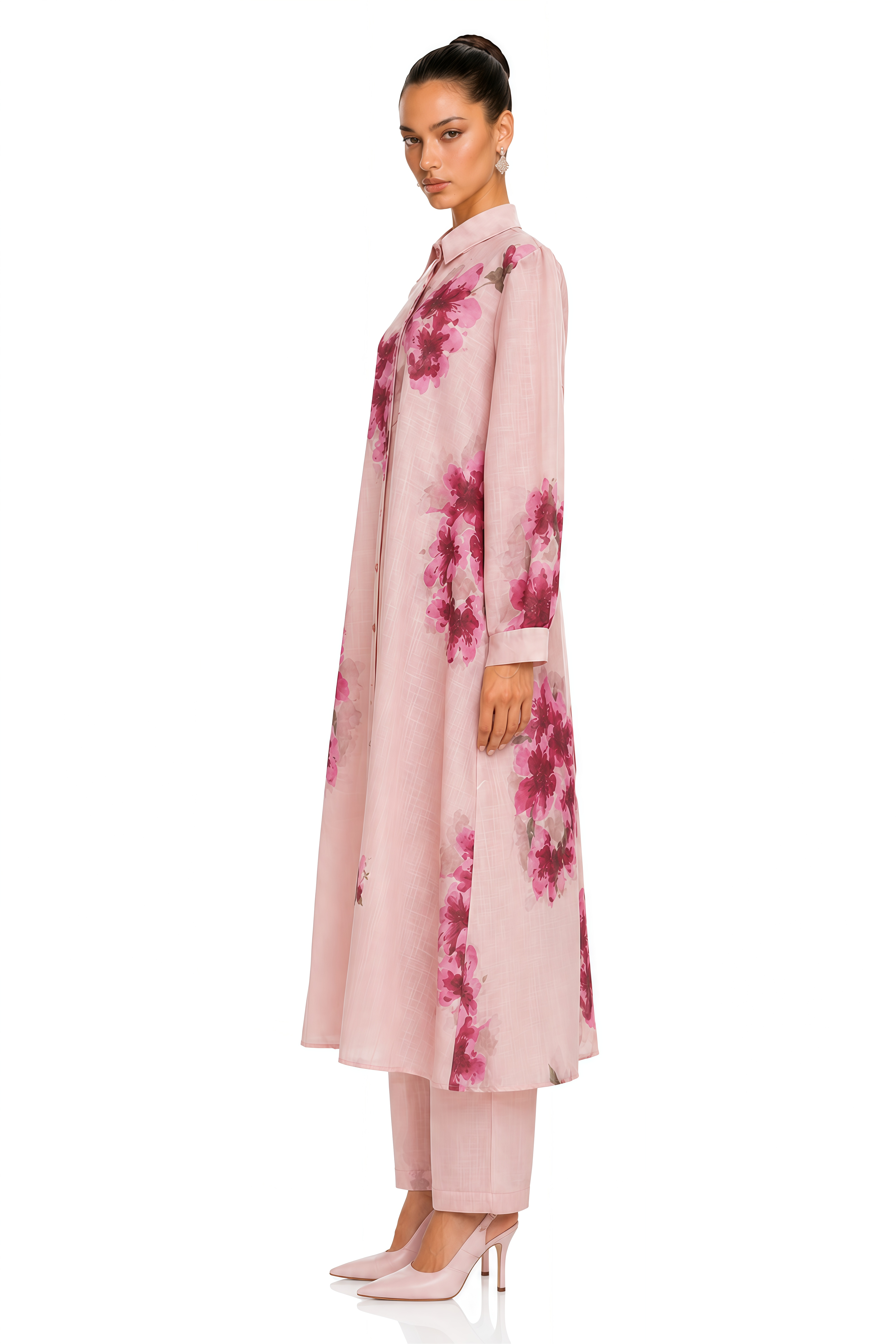 Kori Pink Floral Long Blouse & Wide-Leg Trousers Set