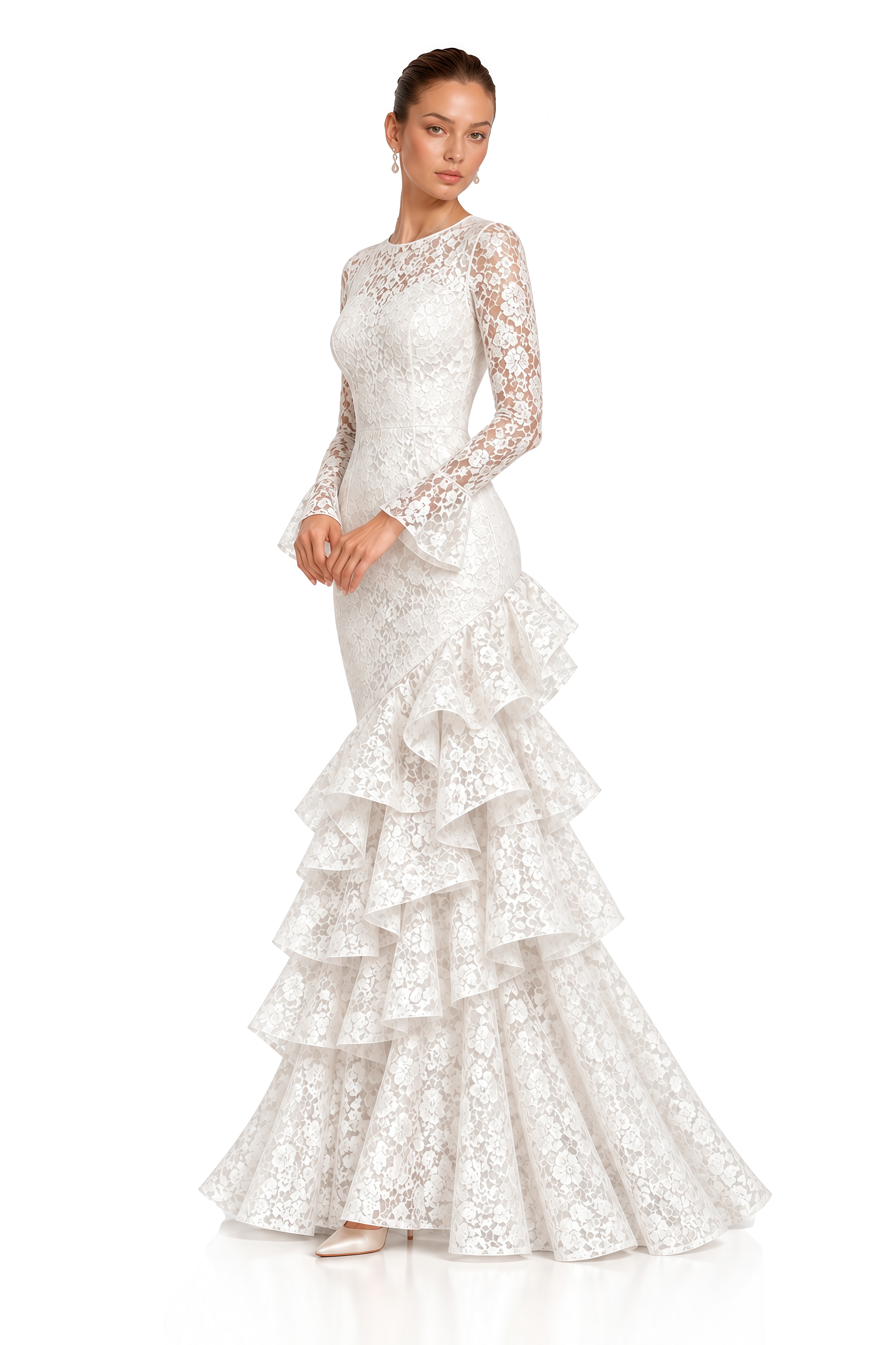 Kristina White Floral Lace Ruffle Mermaid Maxi Dress