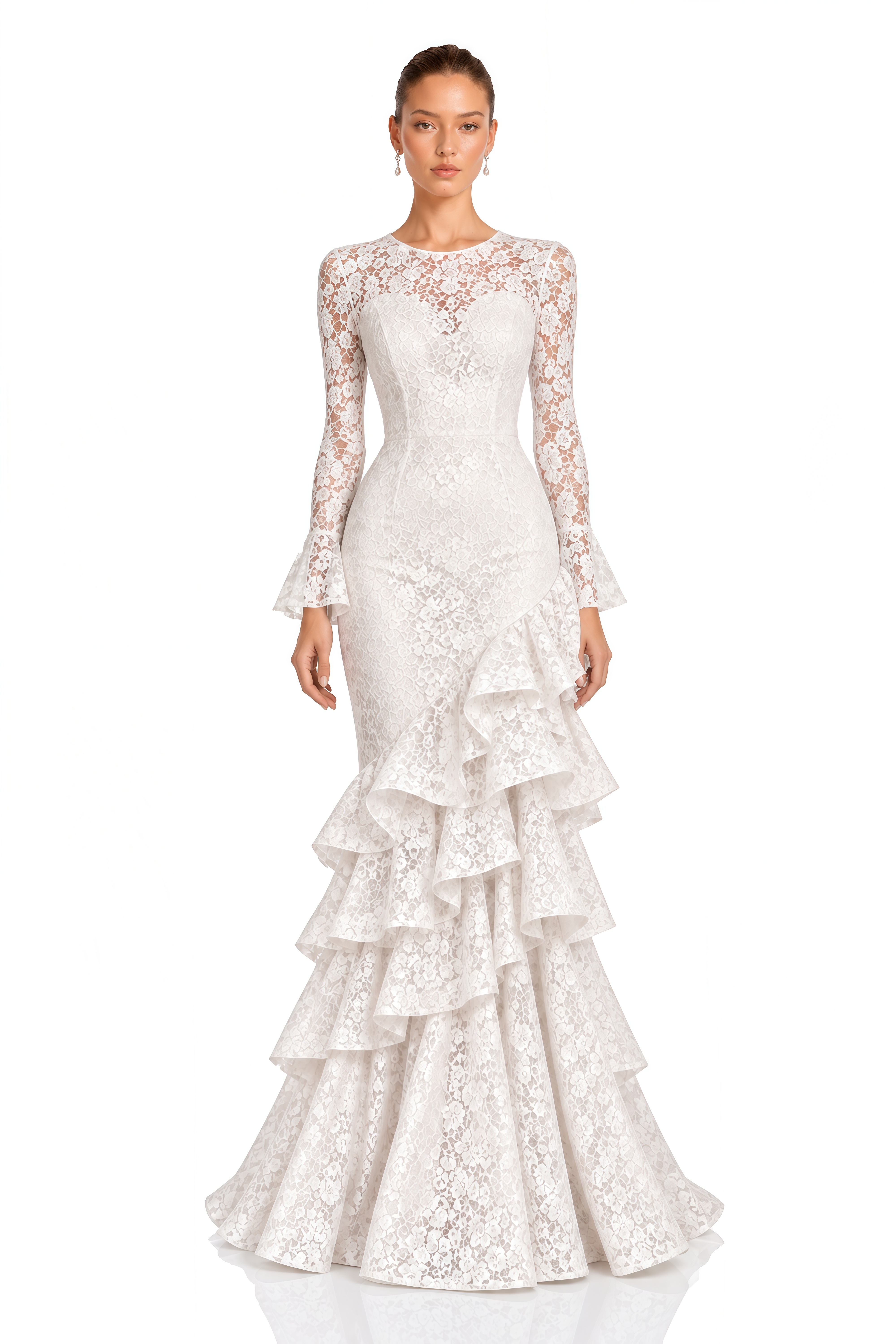 Kristina White Floral Lace Ruffle Mermaid Maxi Dress