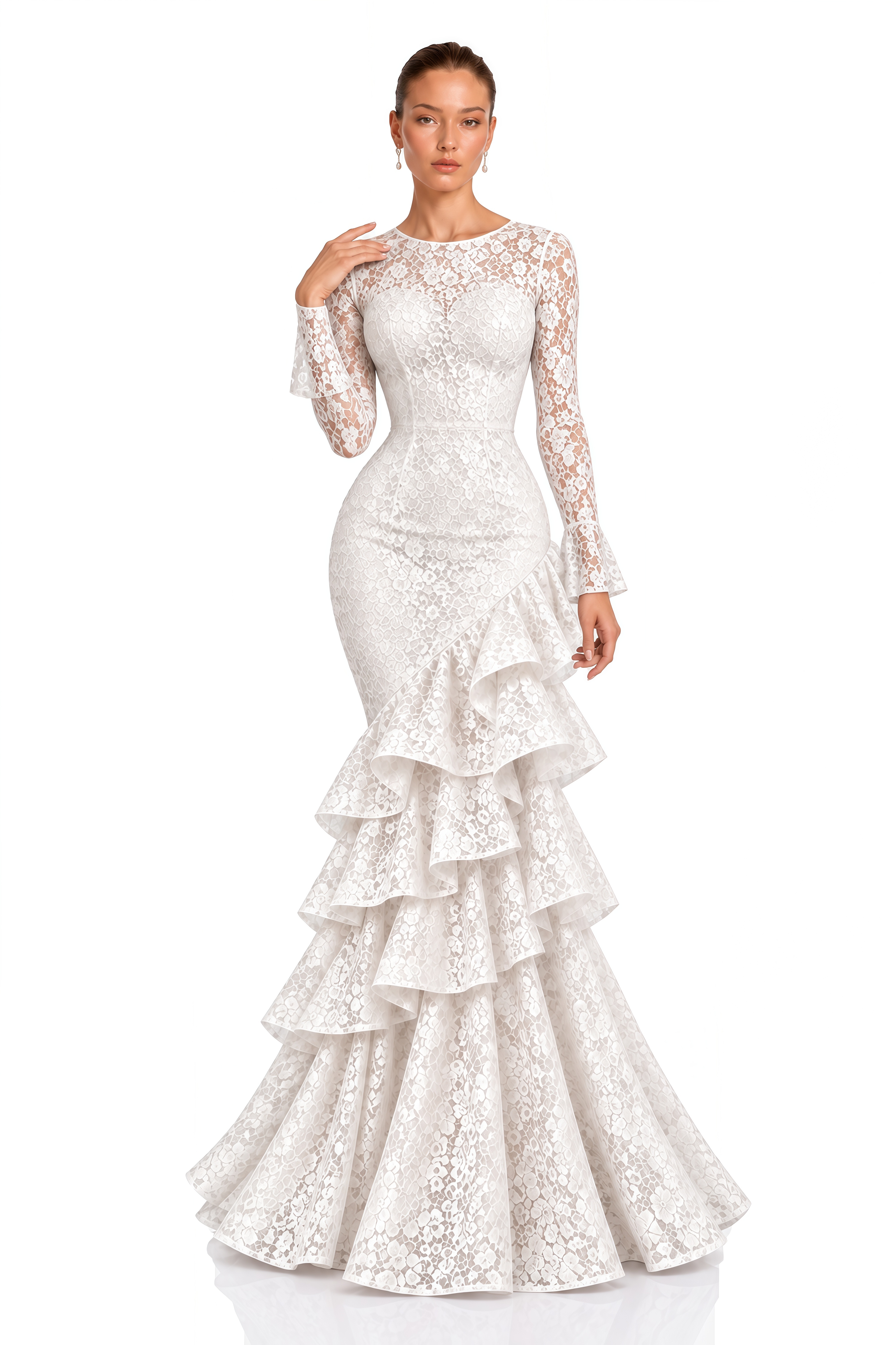 Kristina White Floral Lace Ruffle Mermaid Maxi Dress